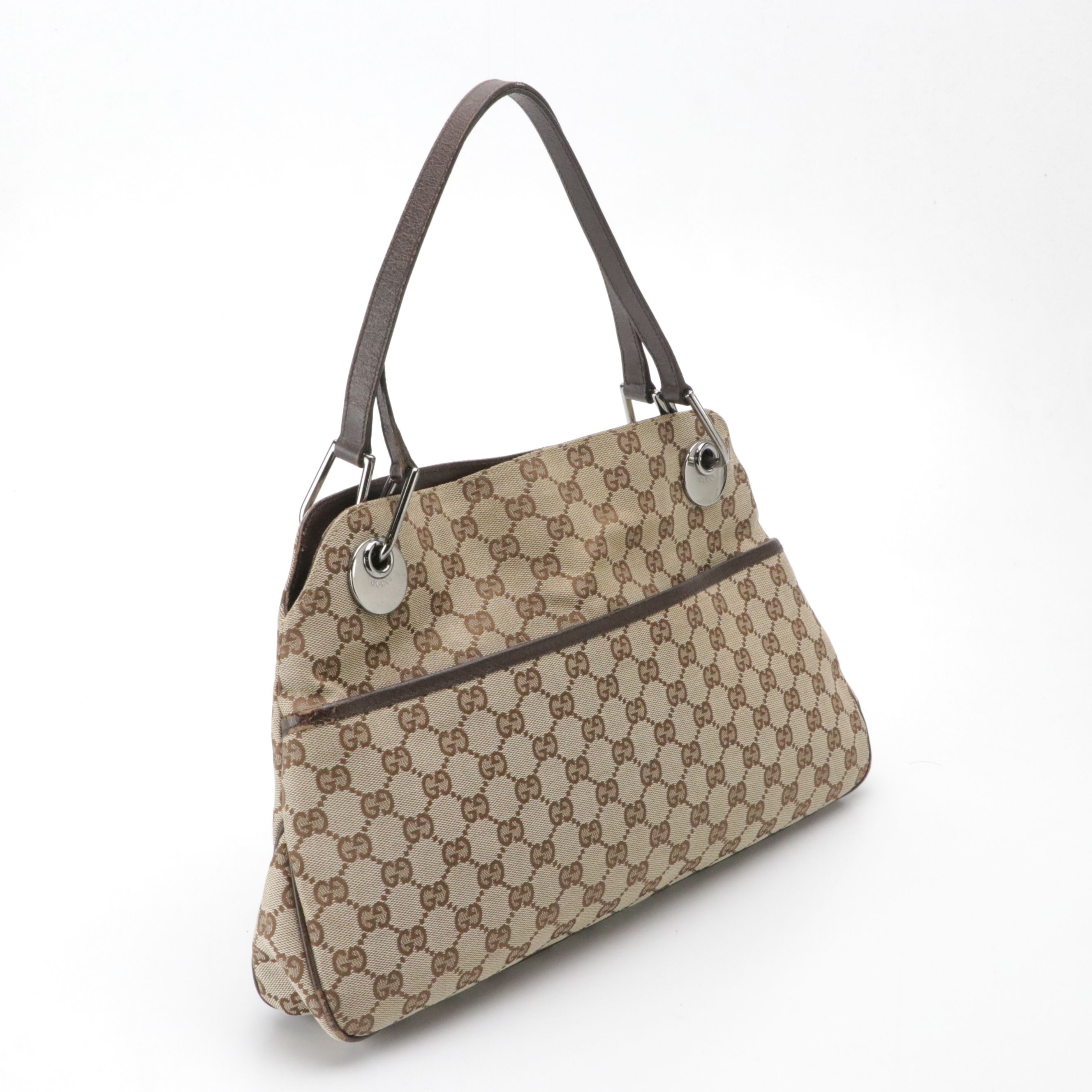 Gucci Eclipse Shoulder Bag in GG Jacquard Canvas and Brown Leather
