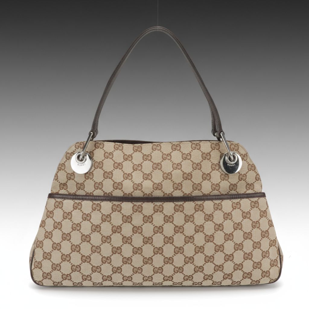 Gucci Eclipse Shoulder Bag in GG Jacquard Canvas and Brown Leather