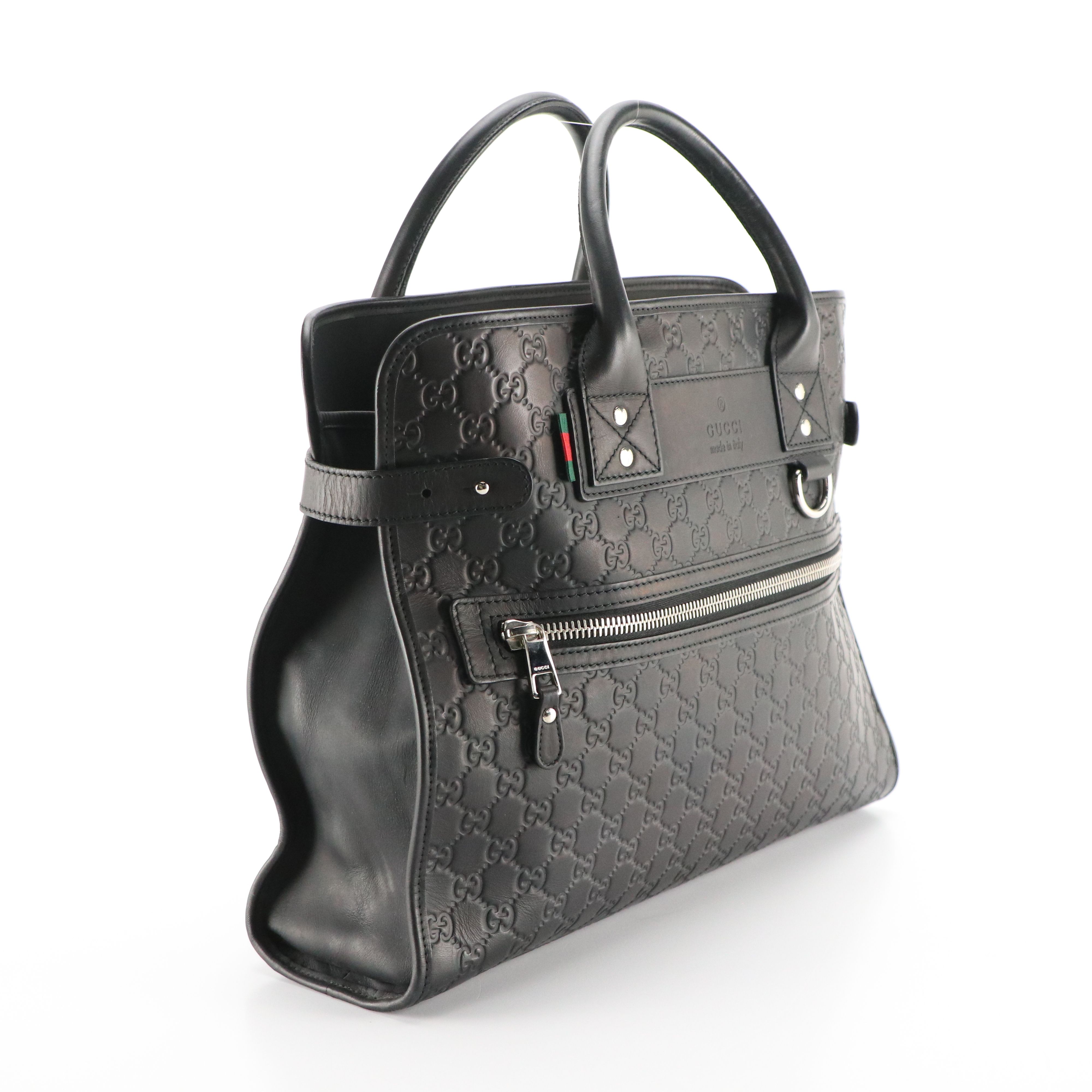 Gucci Web Loop Top Handle Business Tote in Black Guccissima Leather