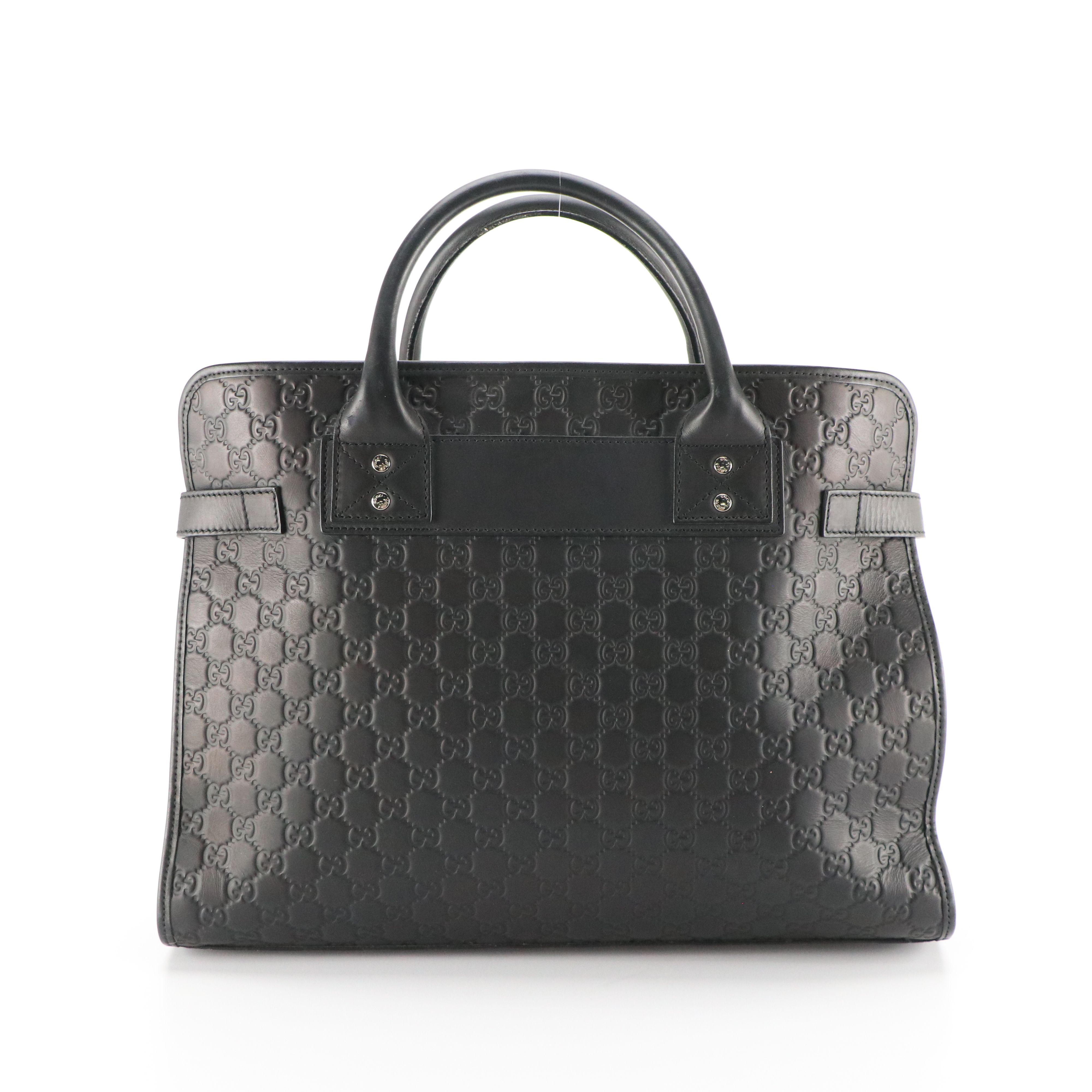 Gucci Web Loop Top Handle Business Tote in Black Guccissima Leather