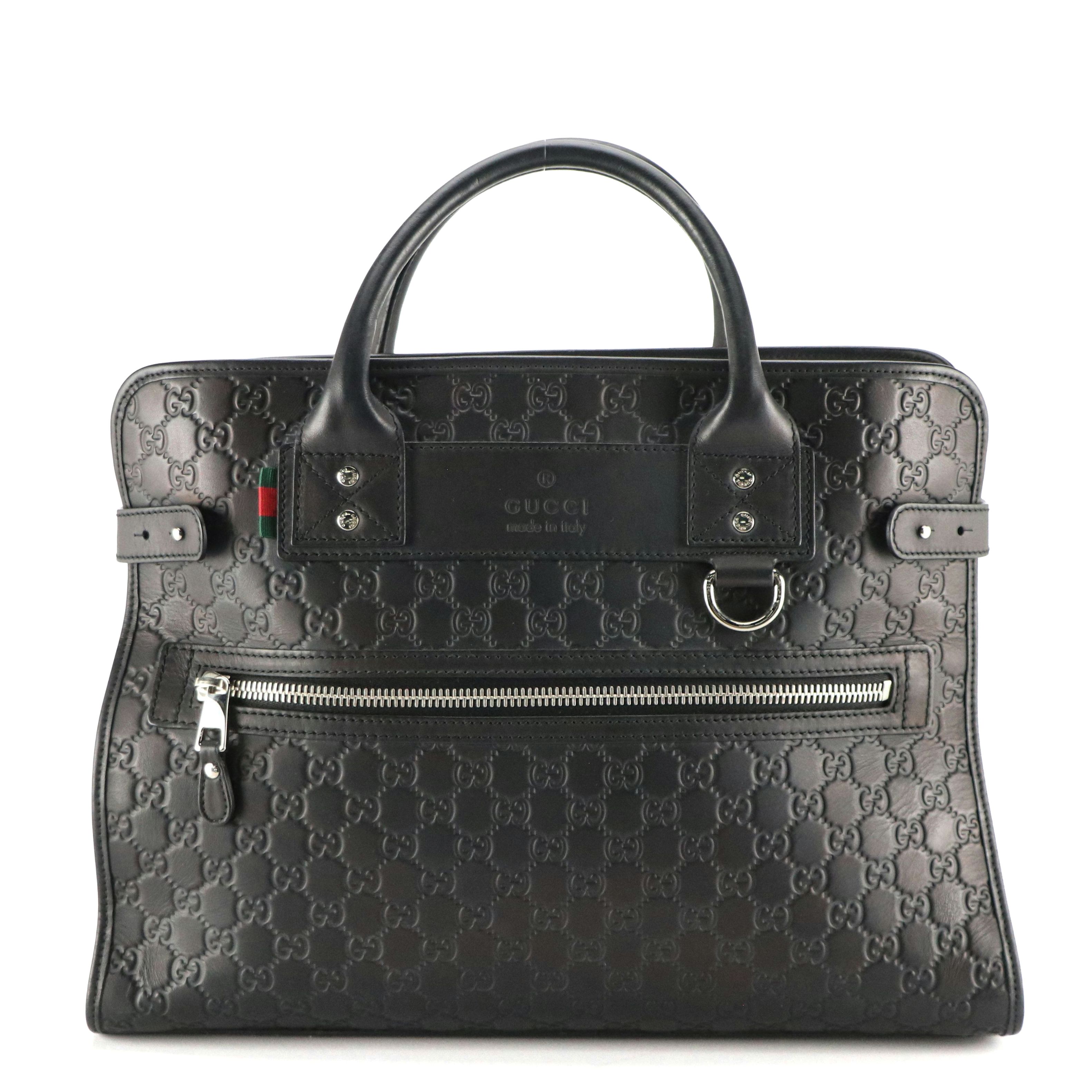 Gucci Web Loop Top Handle Business Tote in Black Guccissima Leather