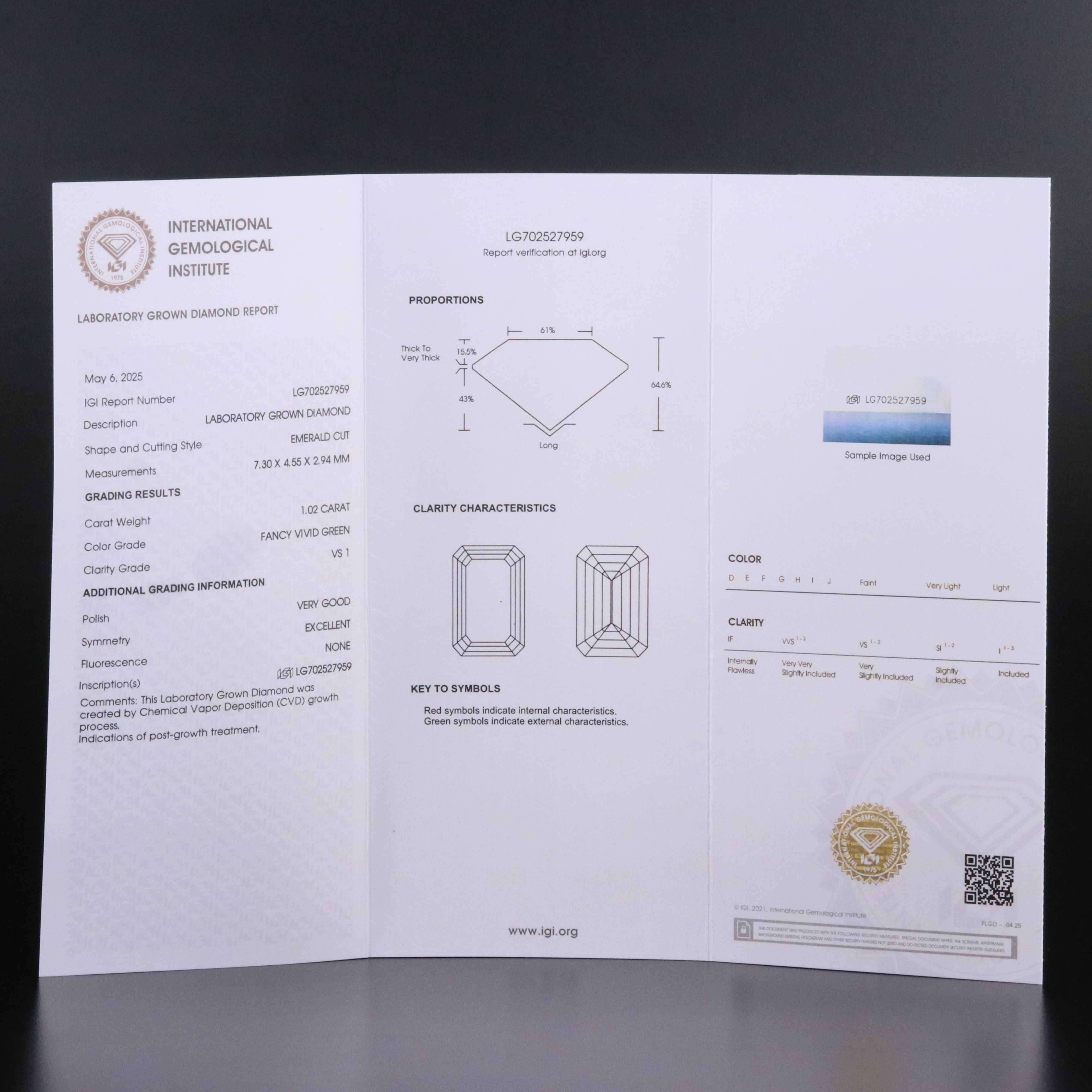 Loose 1.02 CT Lab Grown Fancy Green Diamond with IGI Report