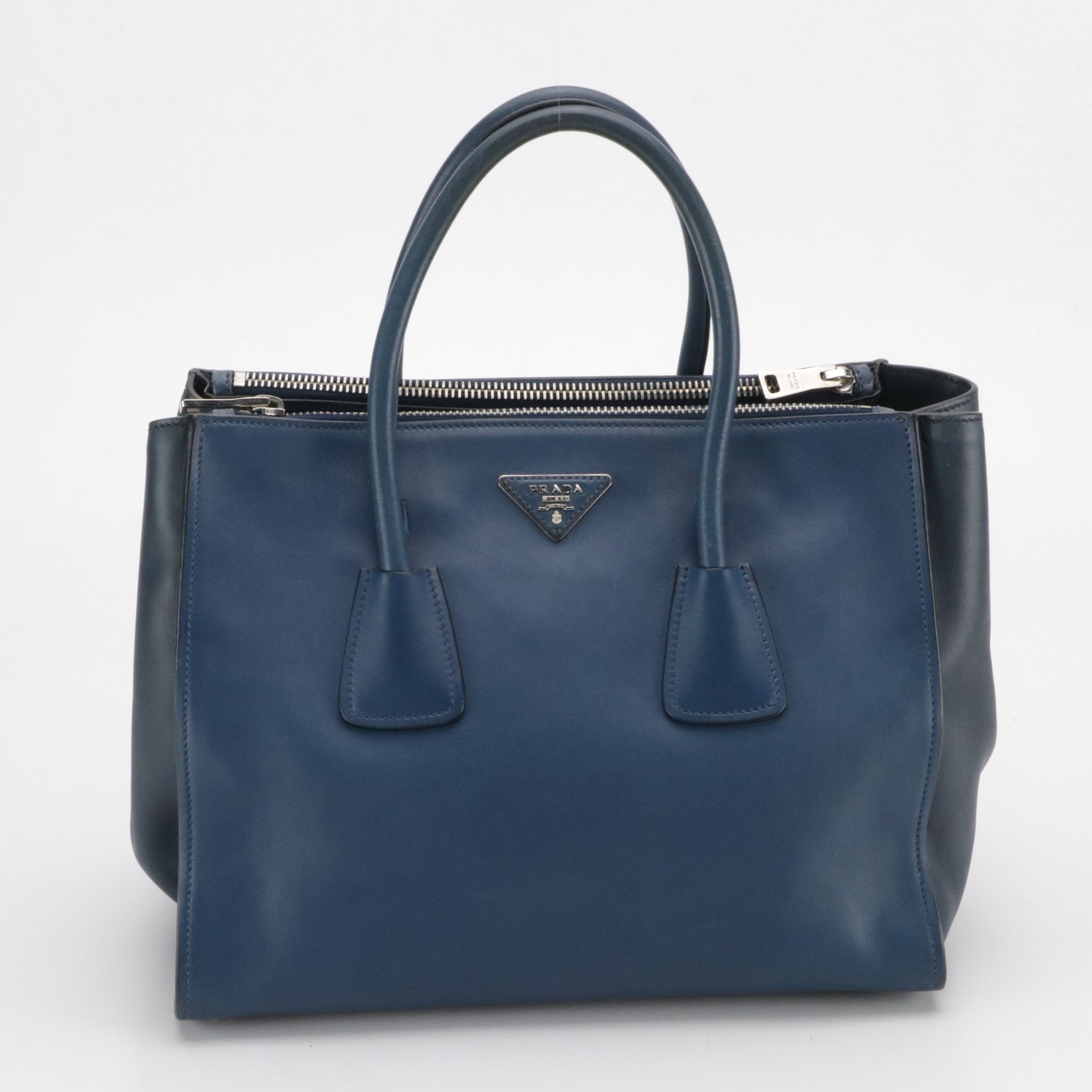 Prada Twin Pocket Two-Way Tote in Bicolor Blue Smooth Calfskin Leather