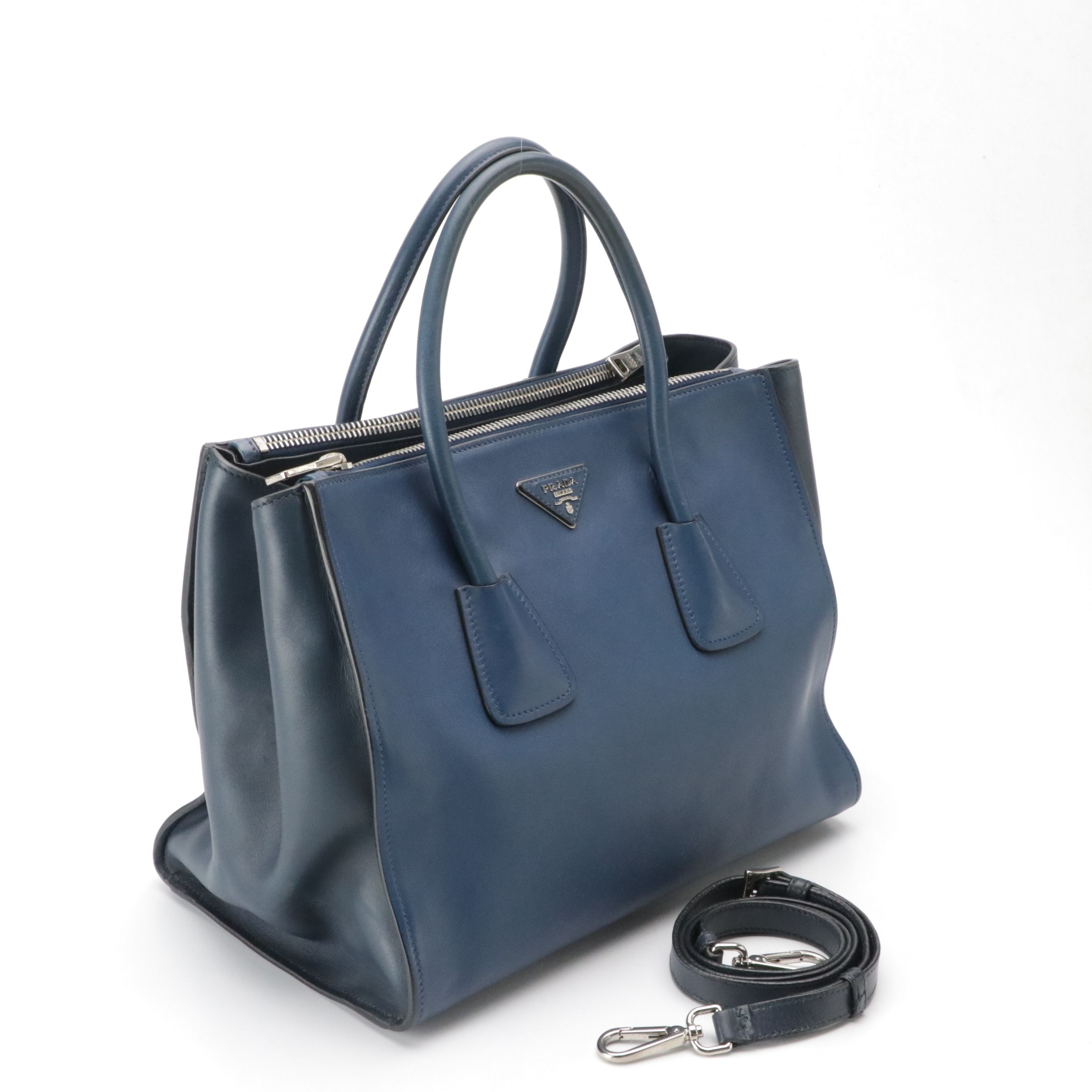 Prada Twin Pocket Two-Way Tote in Bicolor Blue Smooth Calfskin Leather