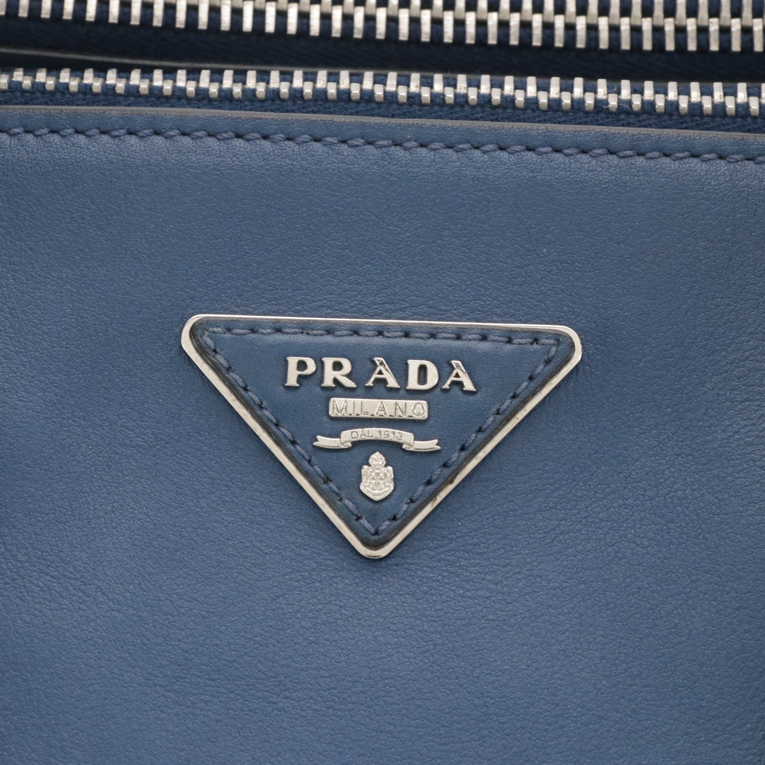 Prada Twin Pocket Two-Way Tote in Bicolor Blue Smooth Calfskin Leather