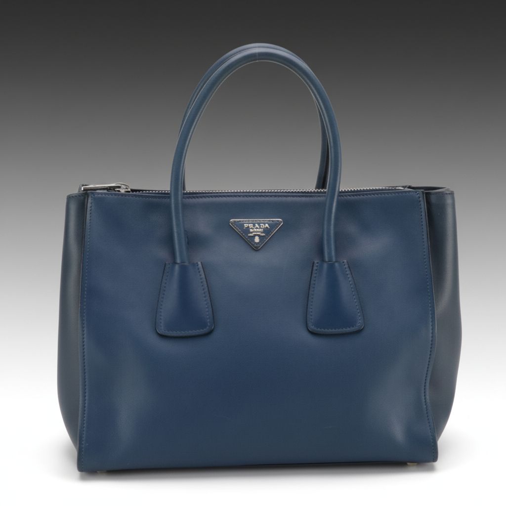 Prada Twin Pocket Two-Way Tote in Bicolor Blue Smooth Calfskin Leather