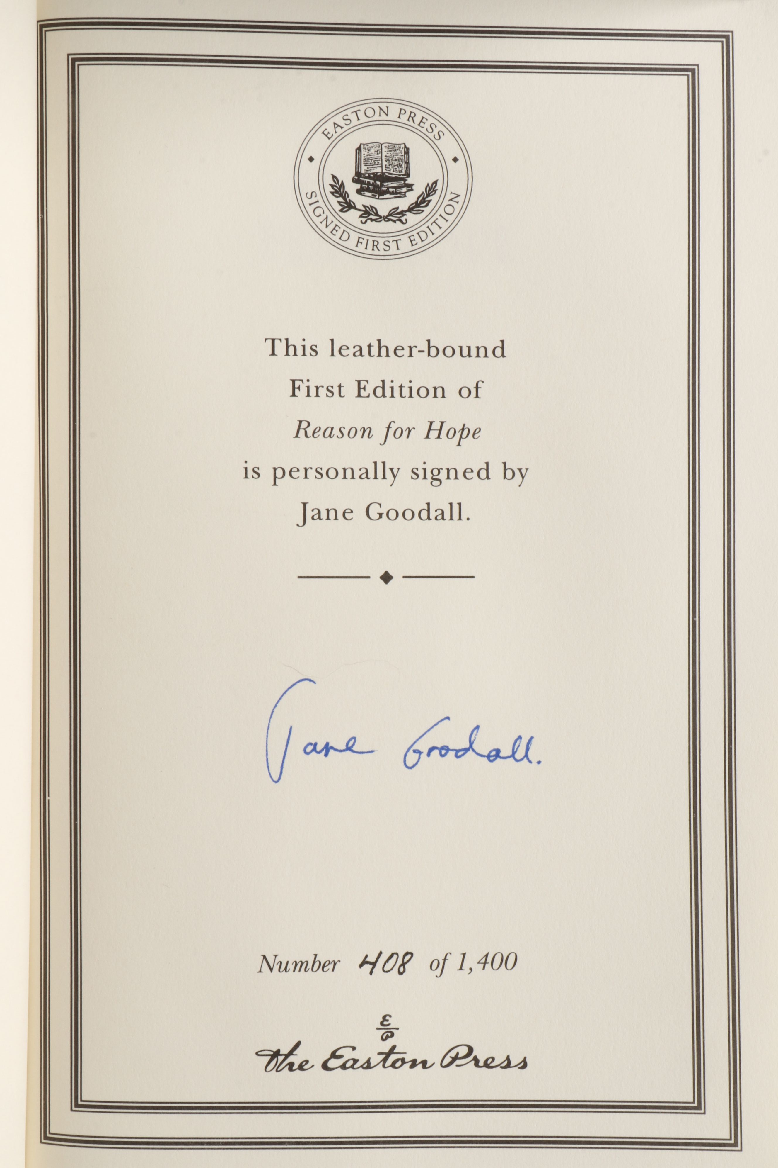 Signed Limited First Edition "Reason for Hope" by Jane Goodall, 1999