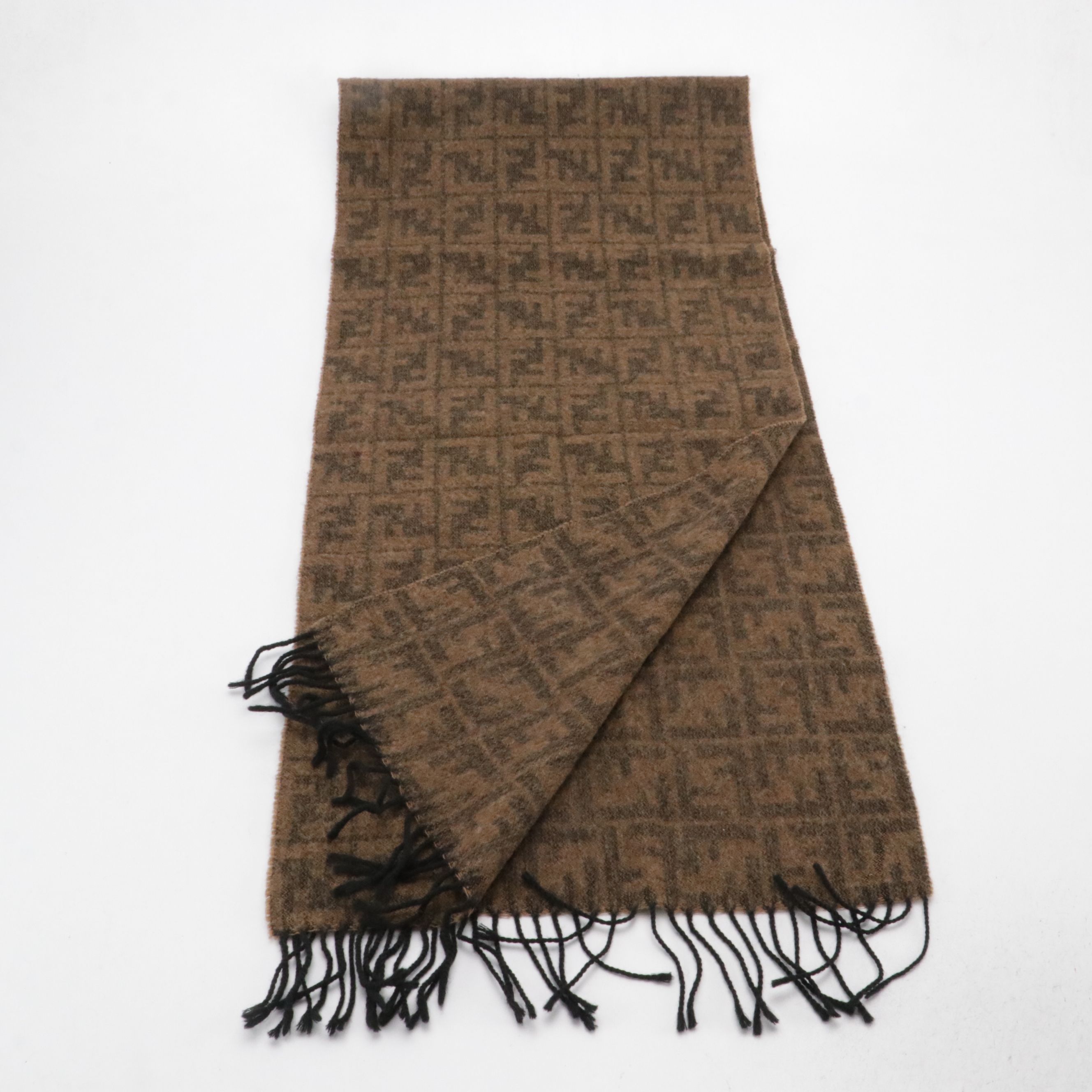 Fendi Vintage Zucca Printed Wool Fringe Scarf