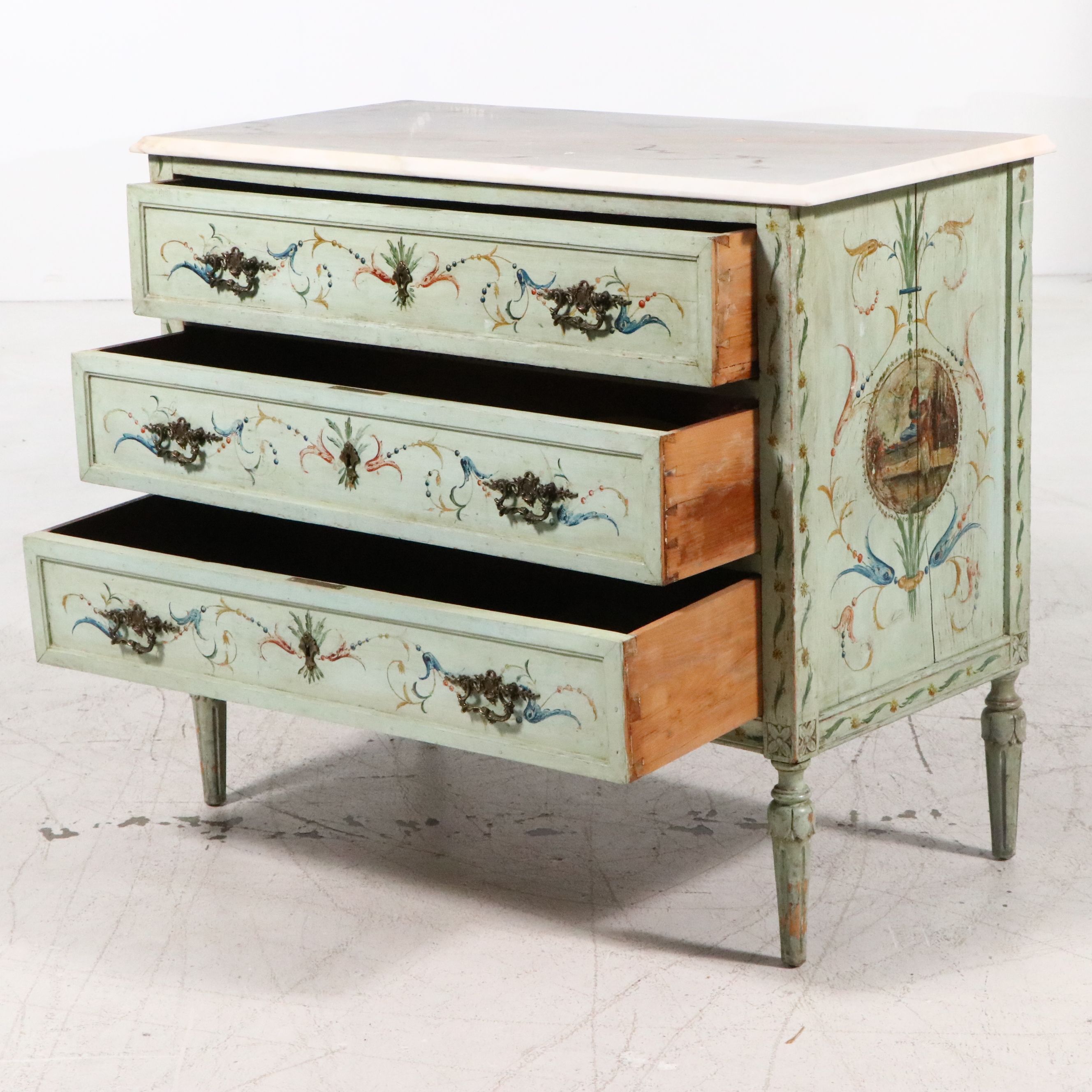Italian Neoclassical Style Painted Wood and Marble Chest of Drawers, 19th C.