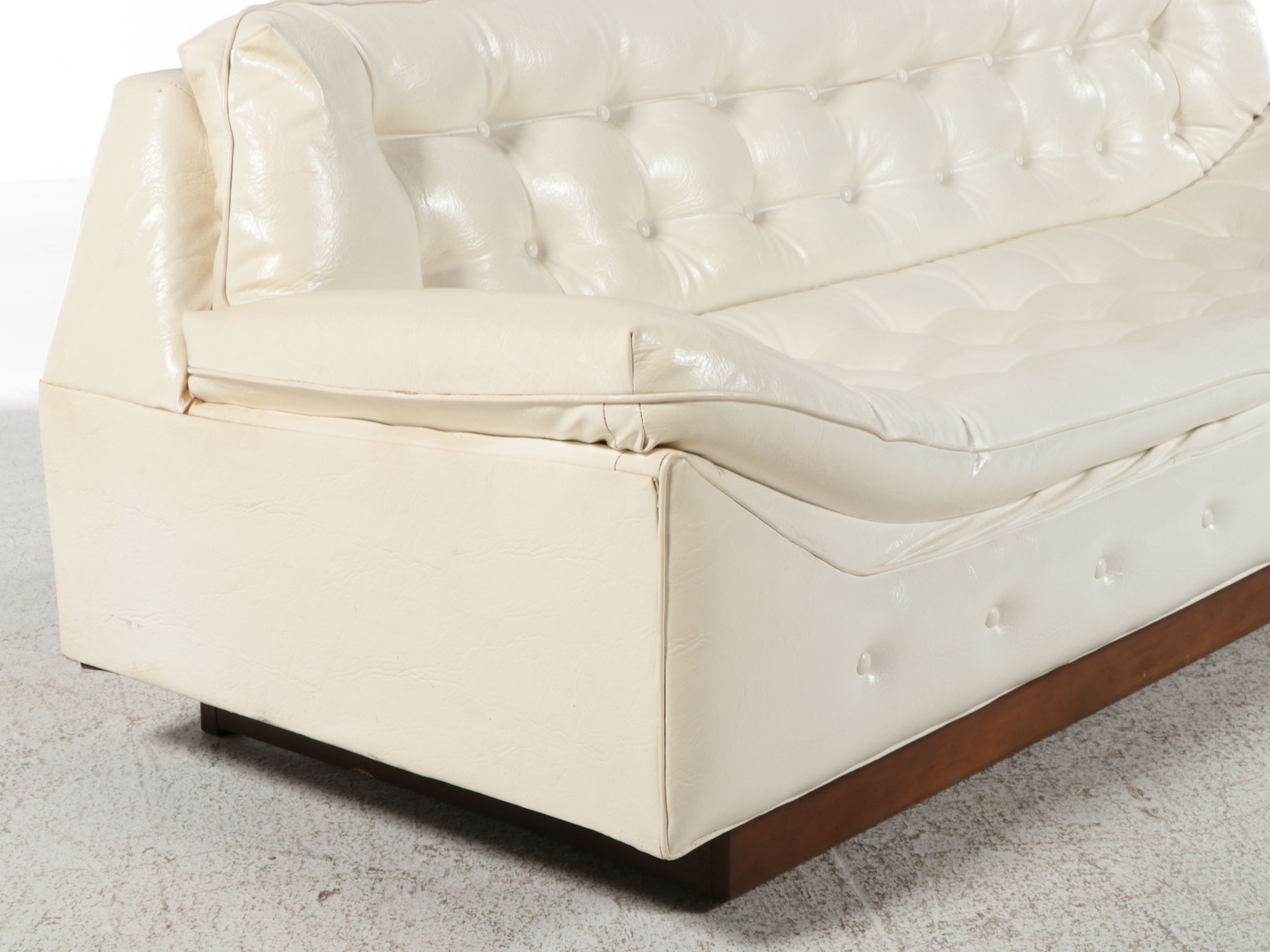 Vintage Mid Century Modern Button-Tufted Faux Leather Sofa