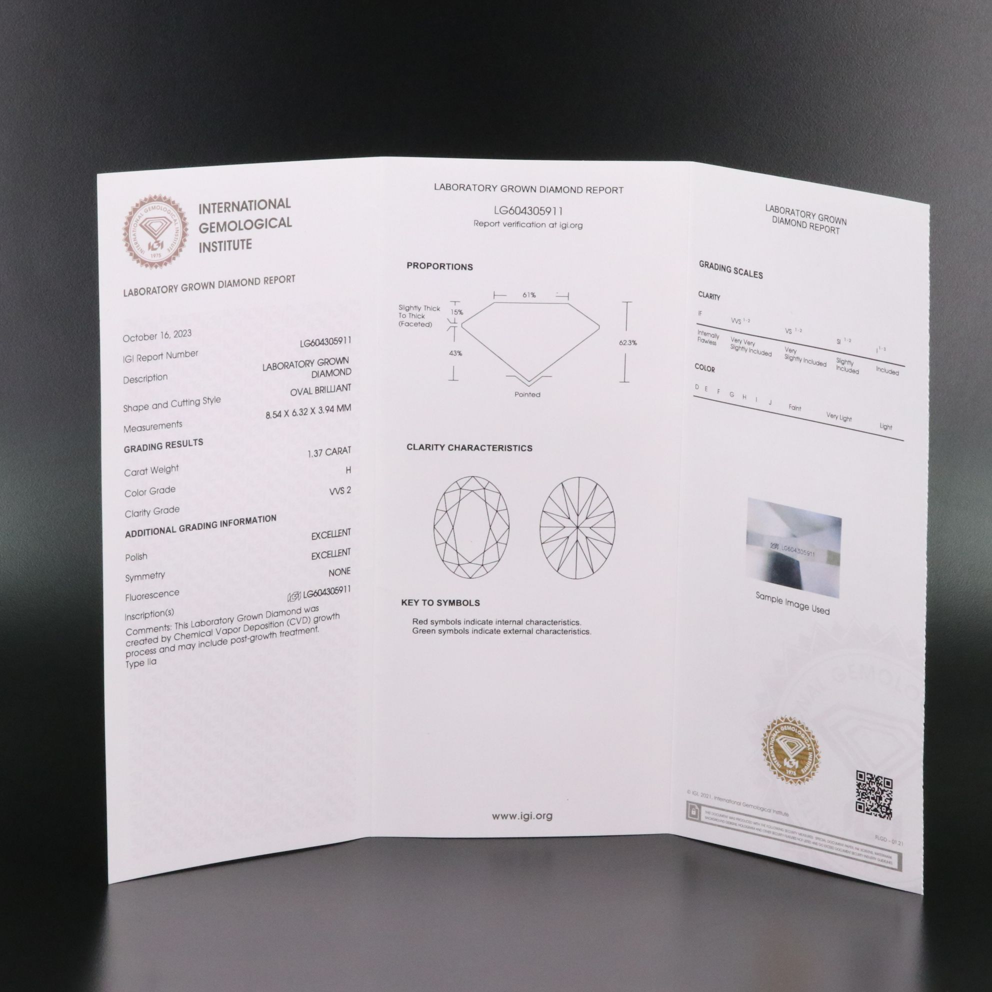 Loose 1.37 CT Lab Grown Diamond with IGI Report