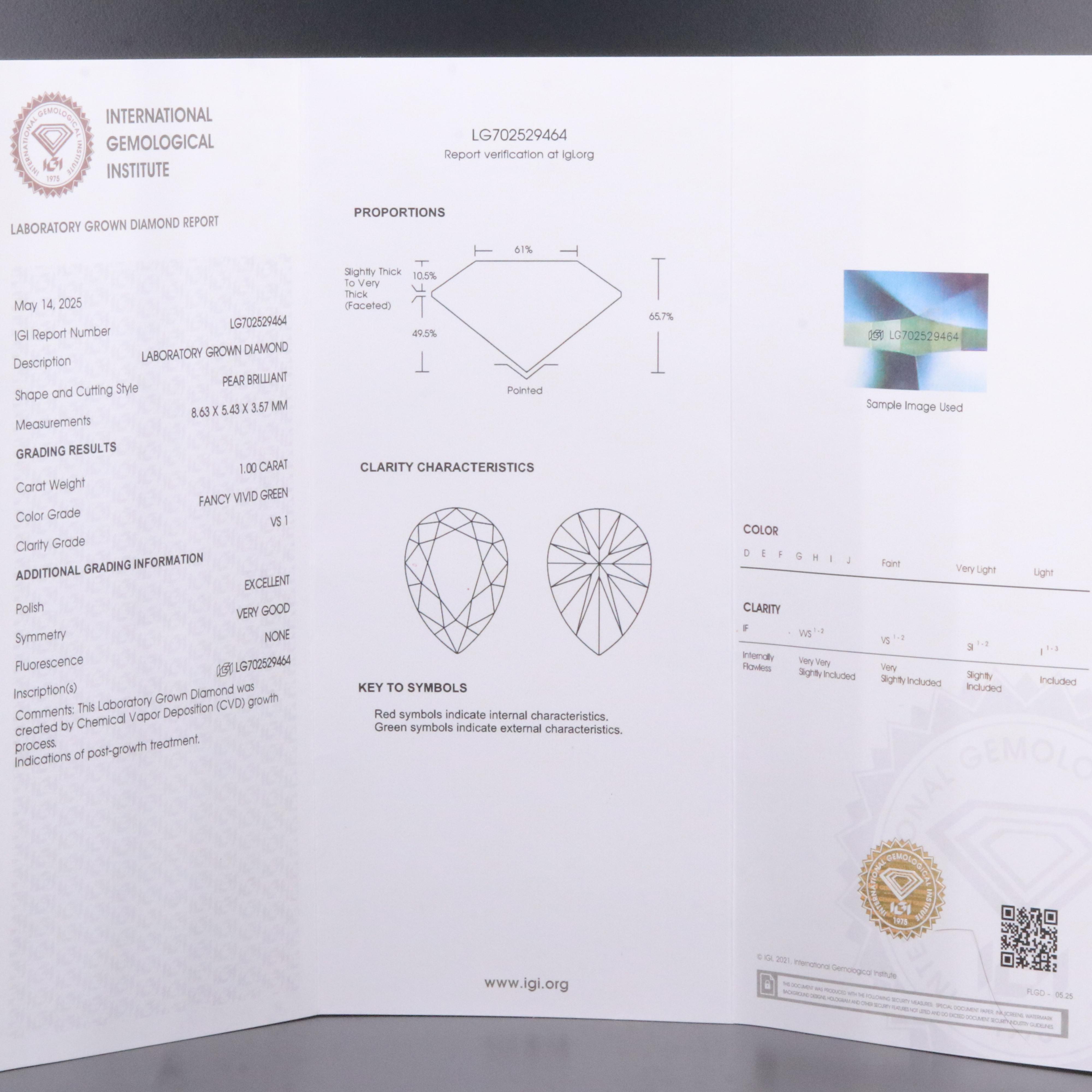 Loose 1.00 CT Lab Grown Fancy Green Diamond with IGI Report