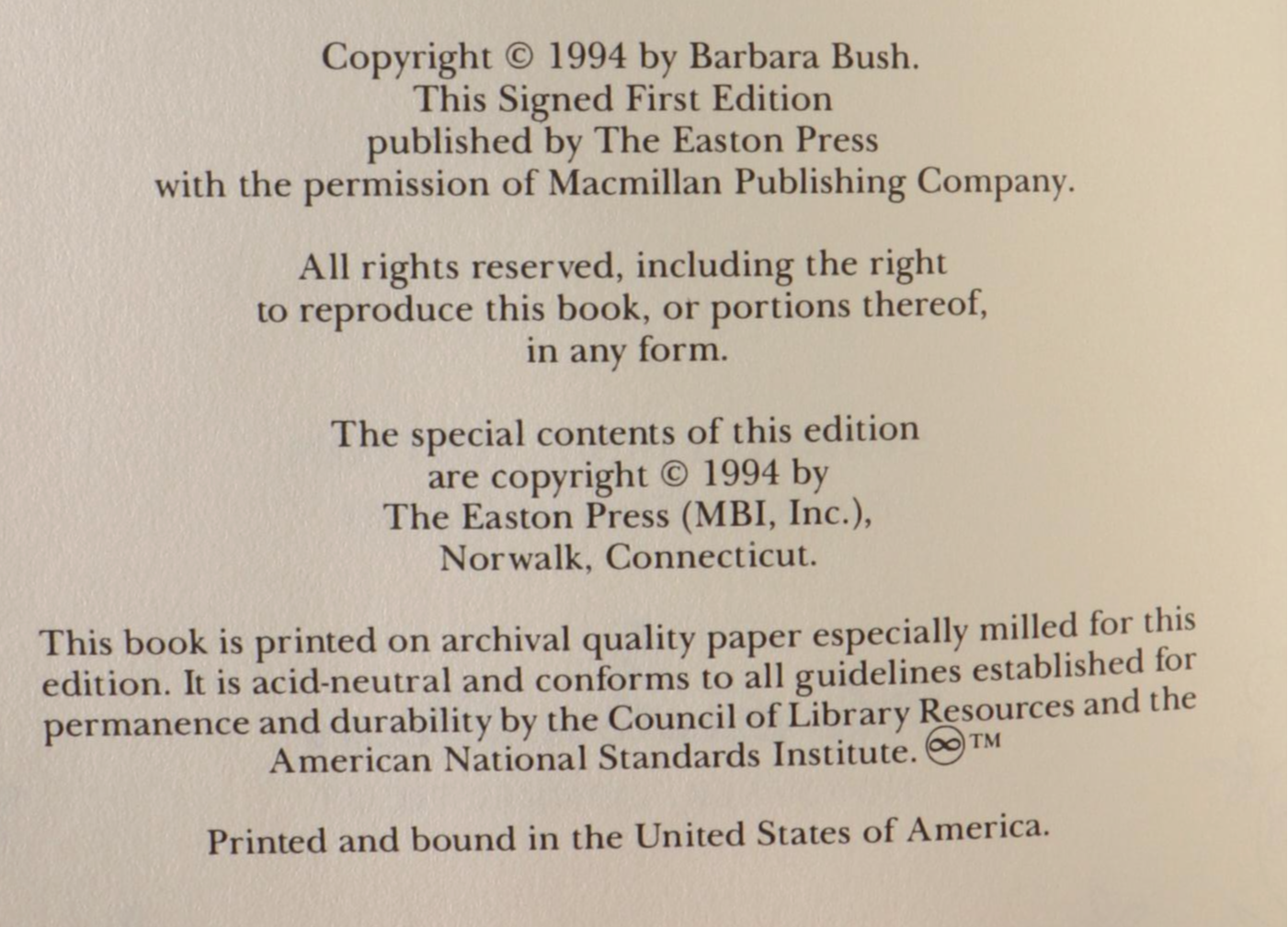 Signed First Edition "Barbara Bush: A Memoir" by Barbara Bush, 1994