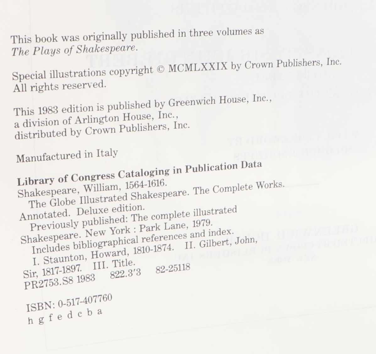 "The Globe Illustrated Shakespeare" Edited by Howard Staunton, 1983