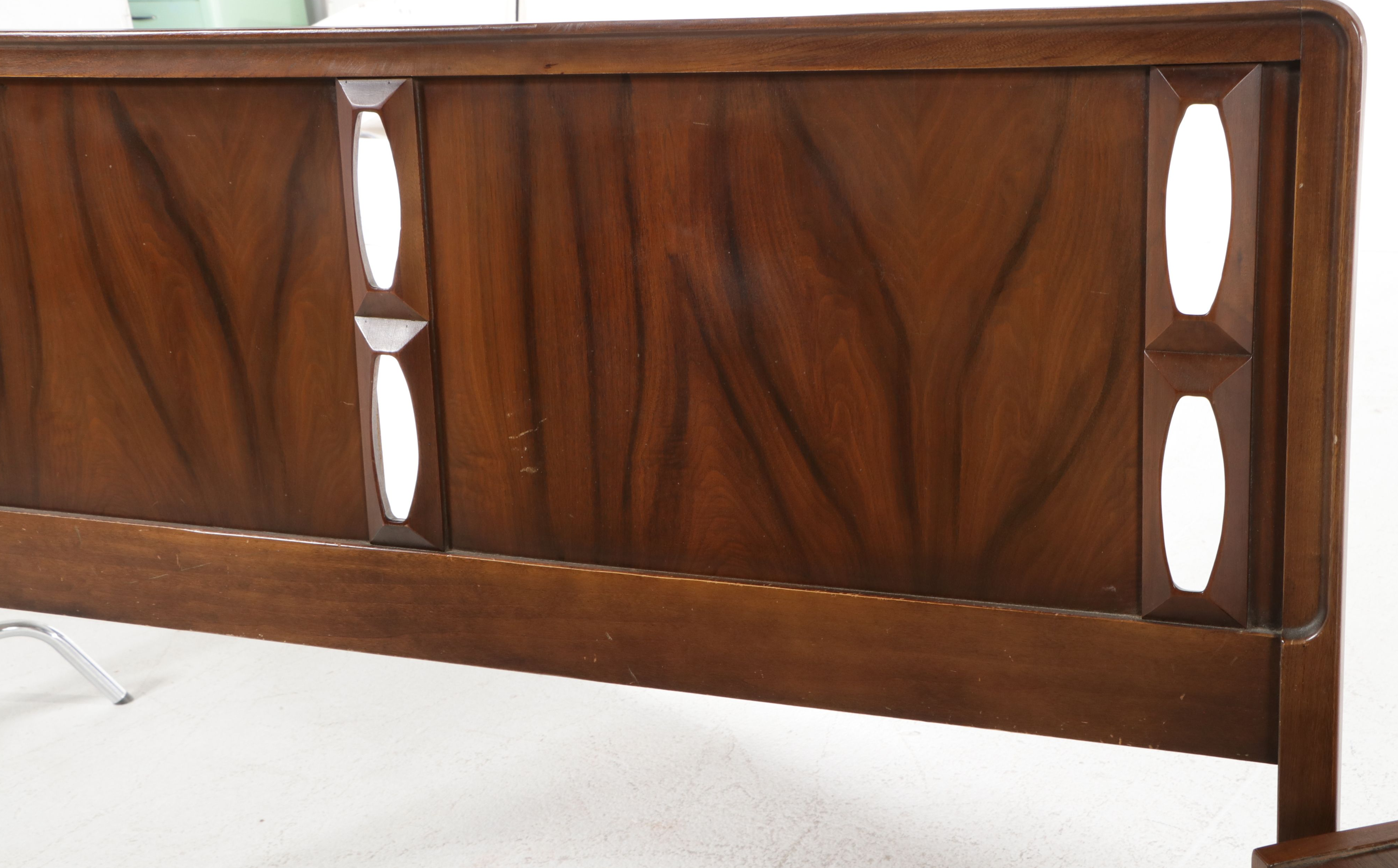 Mid Century Modern Sculpted Walnut Queen Headboard with Nightstand