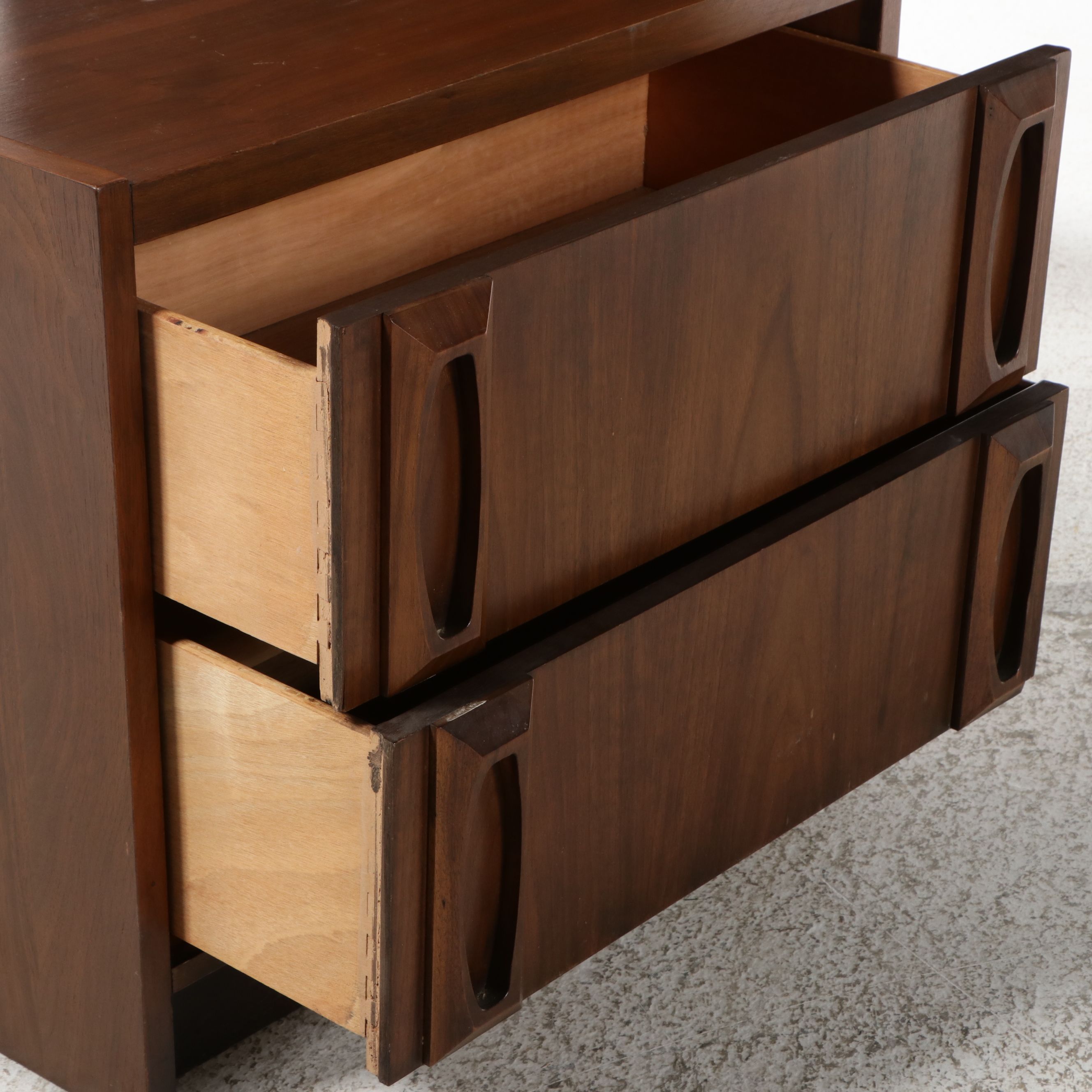 Mid Century Modern Sculpted Walnut Queen Headboard with Nightstand