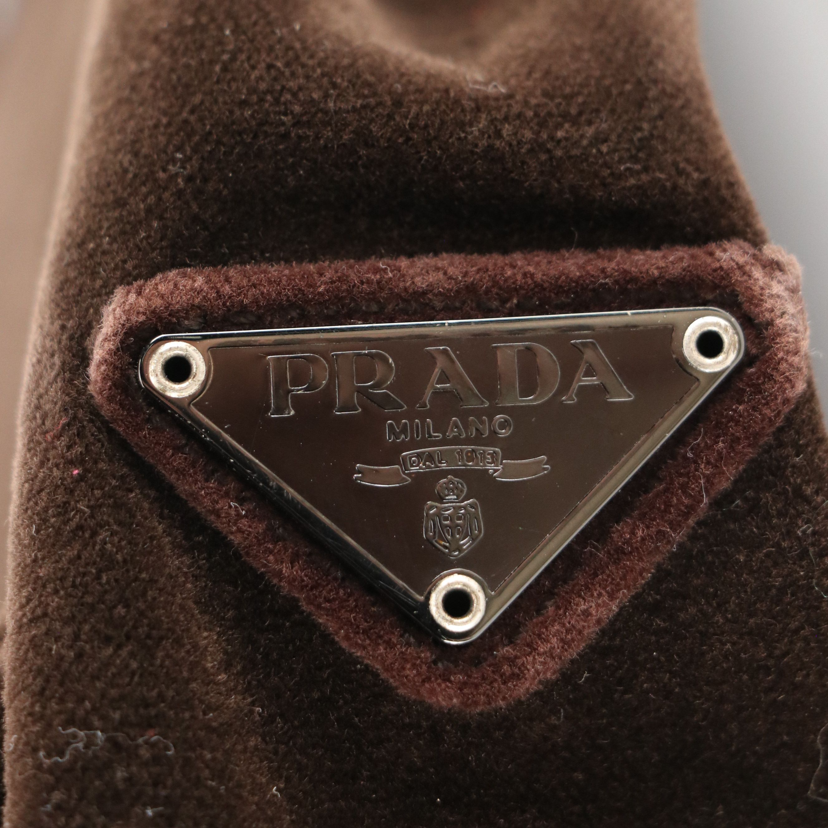 Prada Domed Zip-Top Handbag in Chocolate Brown Velour and Calfskin Trim