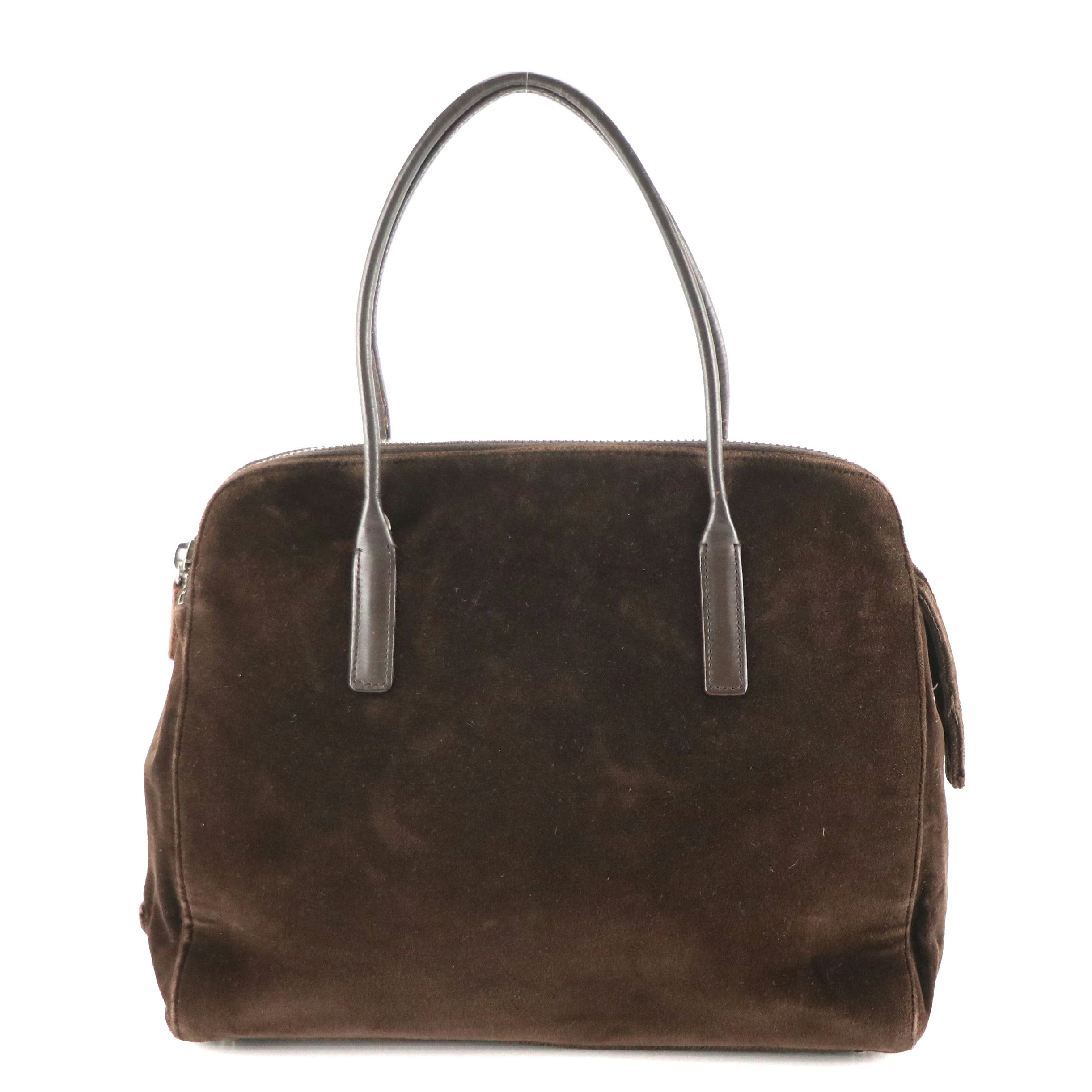 Prada Domed Zip-Top Handbag in Chocolate Brown Velour and Calfskin Trim