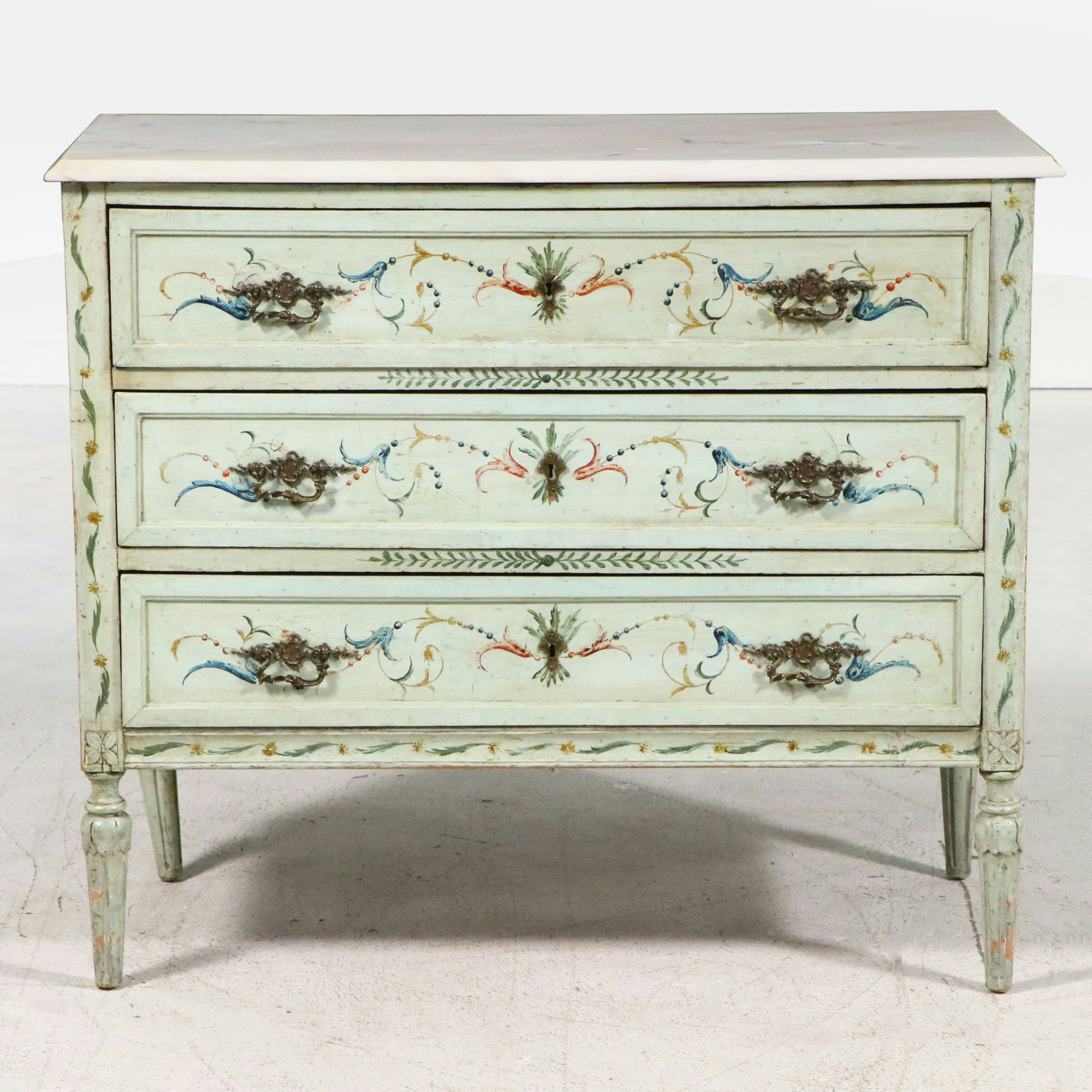 Italian Neoclassical Style Painted Wood and Marble Chest of Drawers, 19th C.