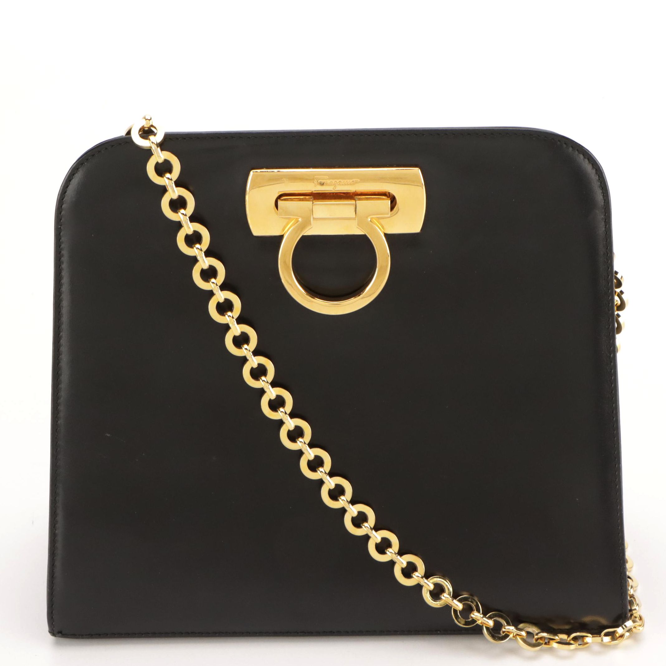 Salvatore Ferragamo Gancini Closure Chain Link Crossbody Bag in Black Leather