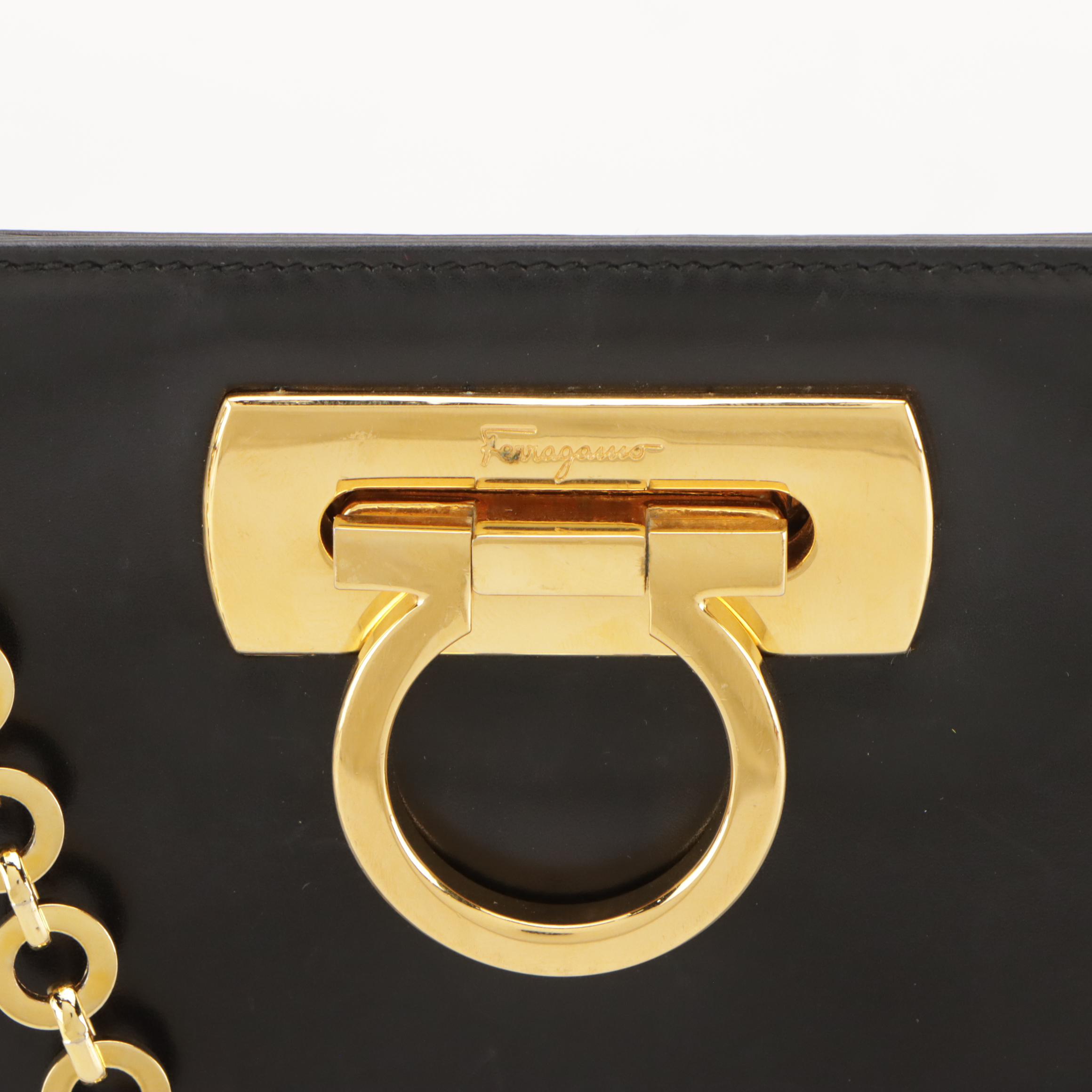 Salvatore Ferragamo Gancini Closure Chain Link Crossbody Bag in Black Leather