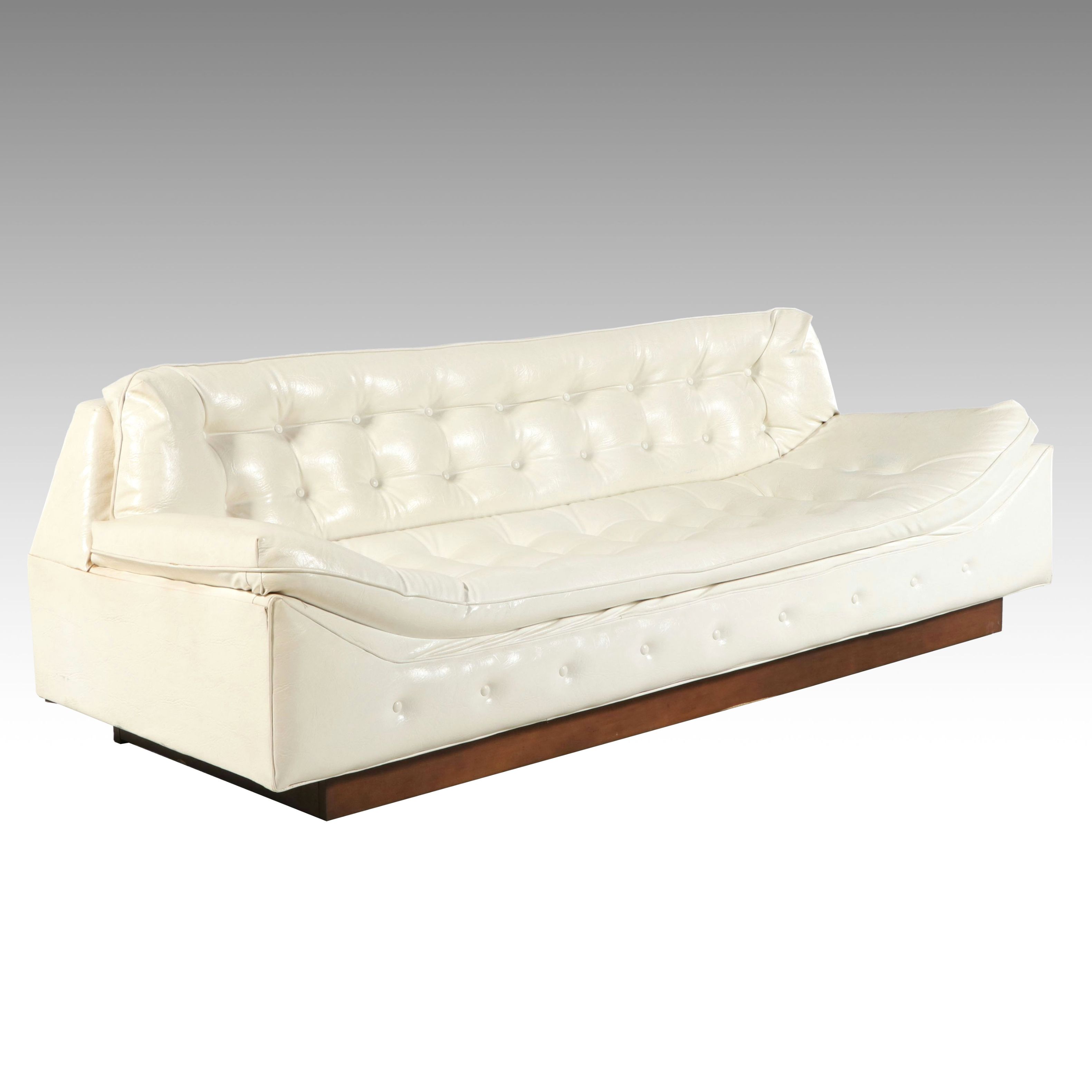 Vintage Mid Century Modern Button-Tufted Faux Leather Sofa