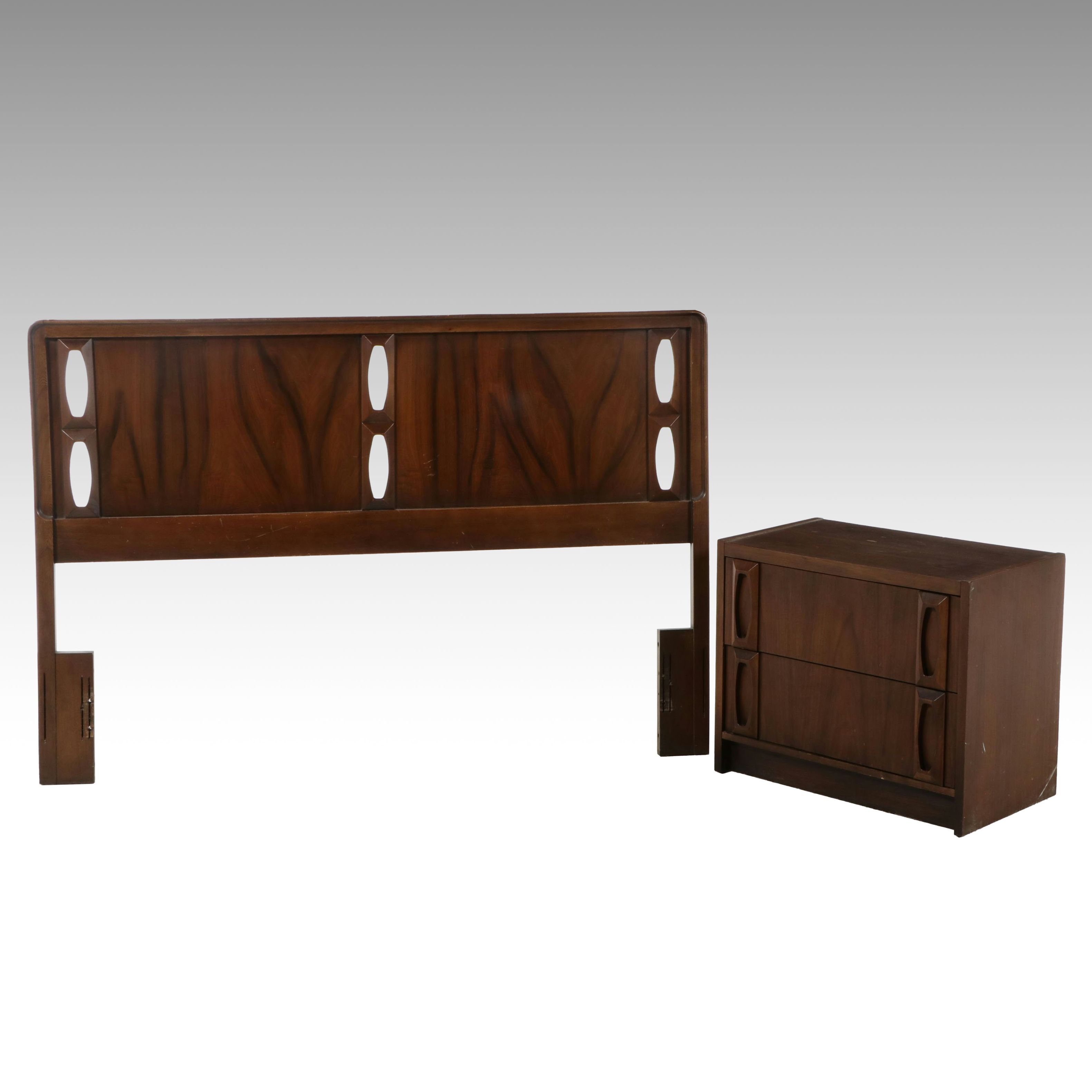 Mid Century Modern Sculpted Walnut Queen Headboard with Nightstand