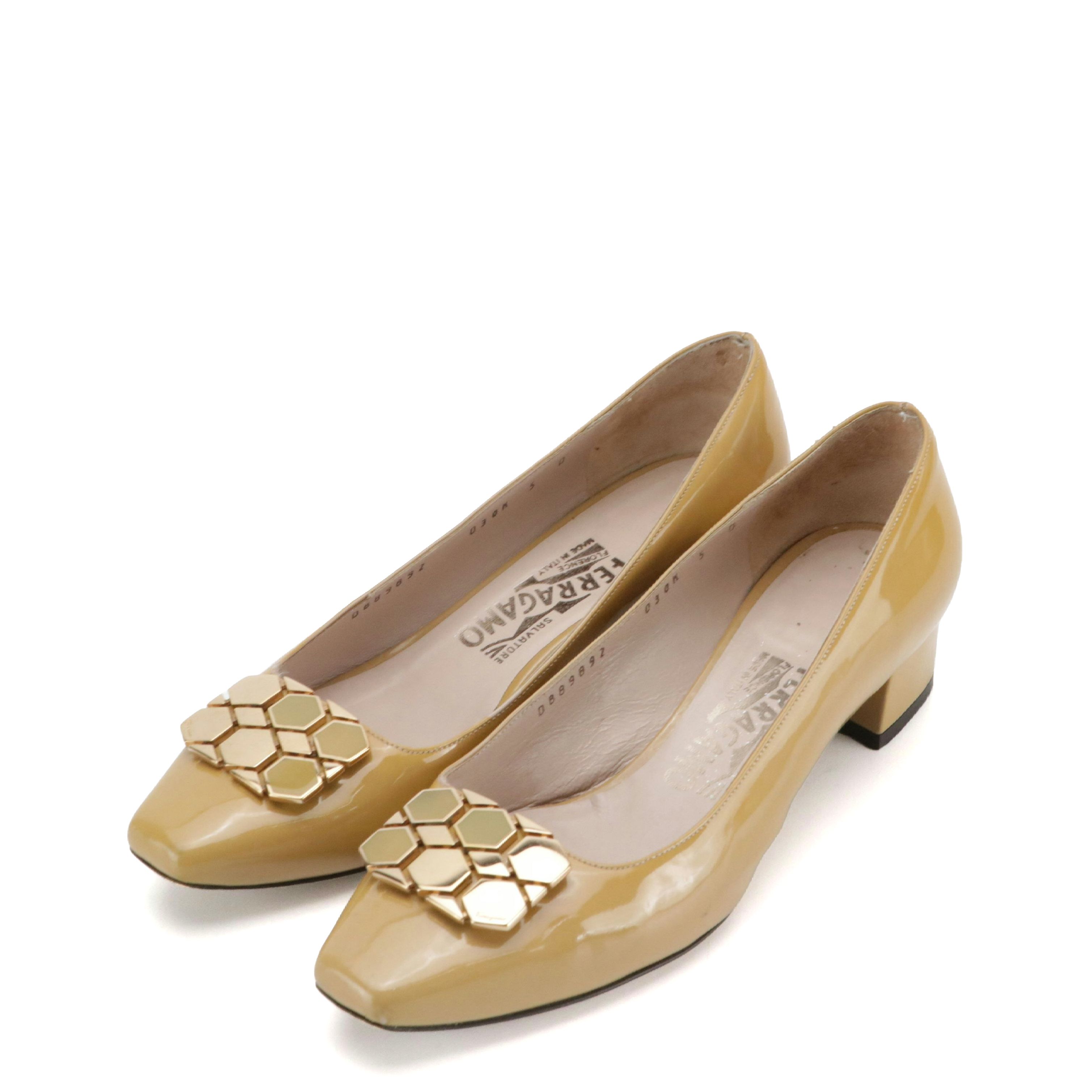 Salvatore Ferragamo Low-Heeled Shoes in Tan Patent Leather