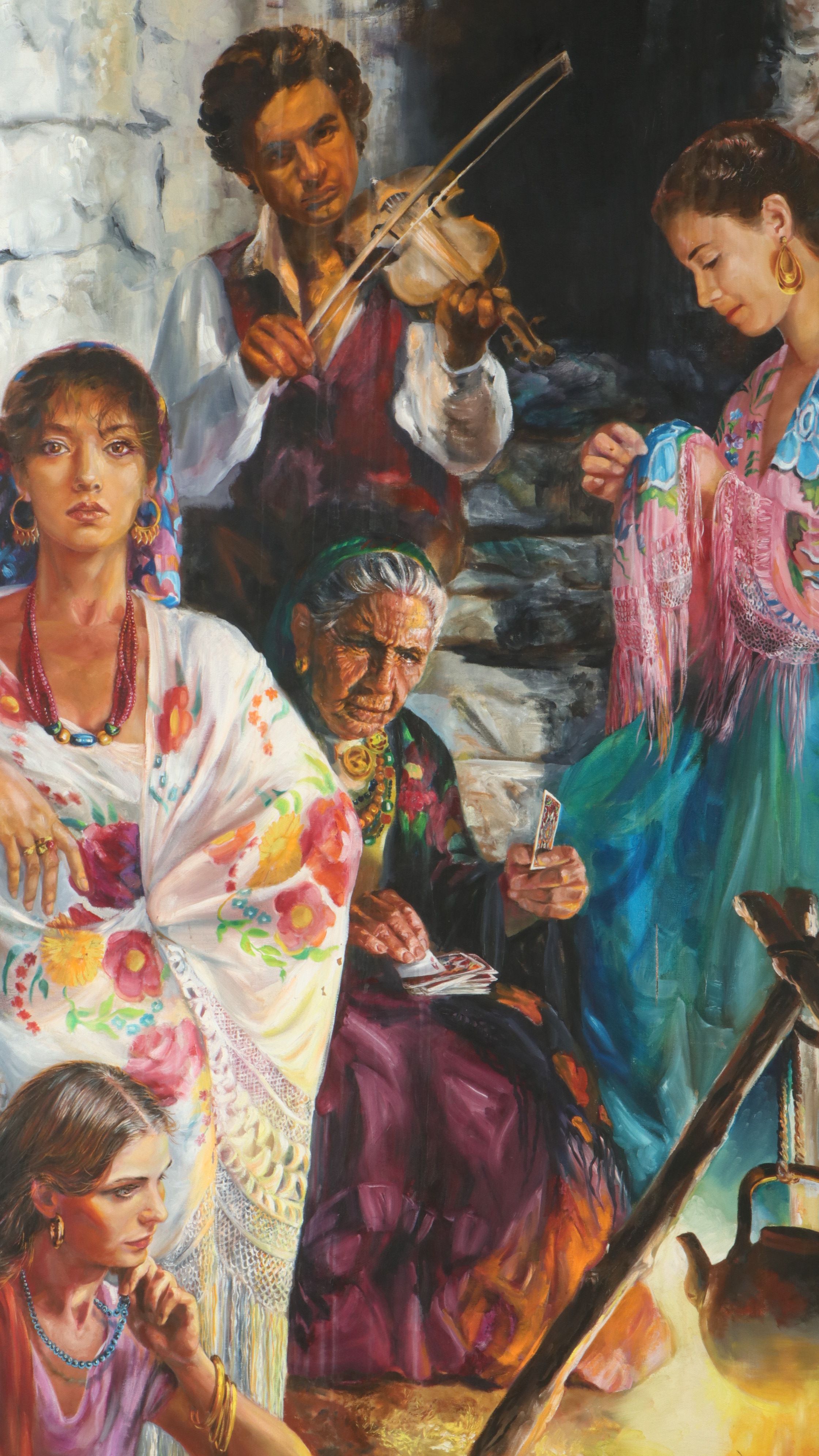 Nataly Nijinski Monumental Oil Painting of Figures by the Fire