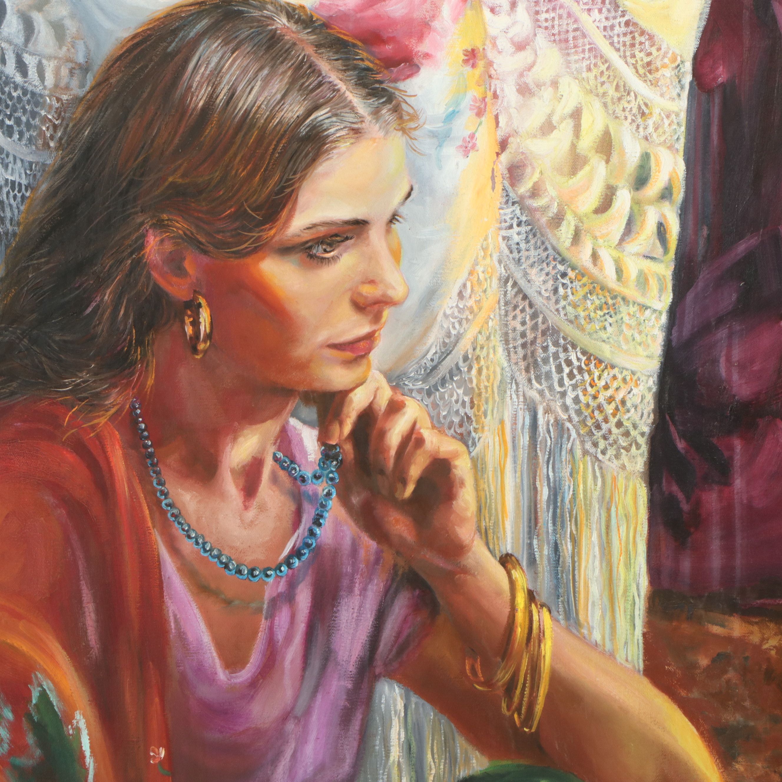 Nataly Nijinski Monumental Oil Painting of Figures by the Fire