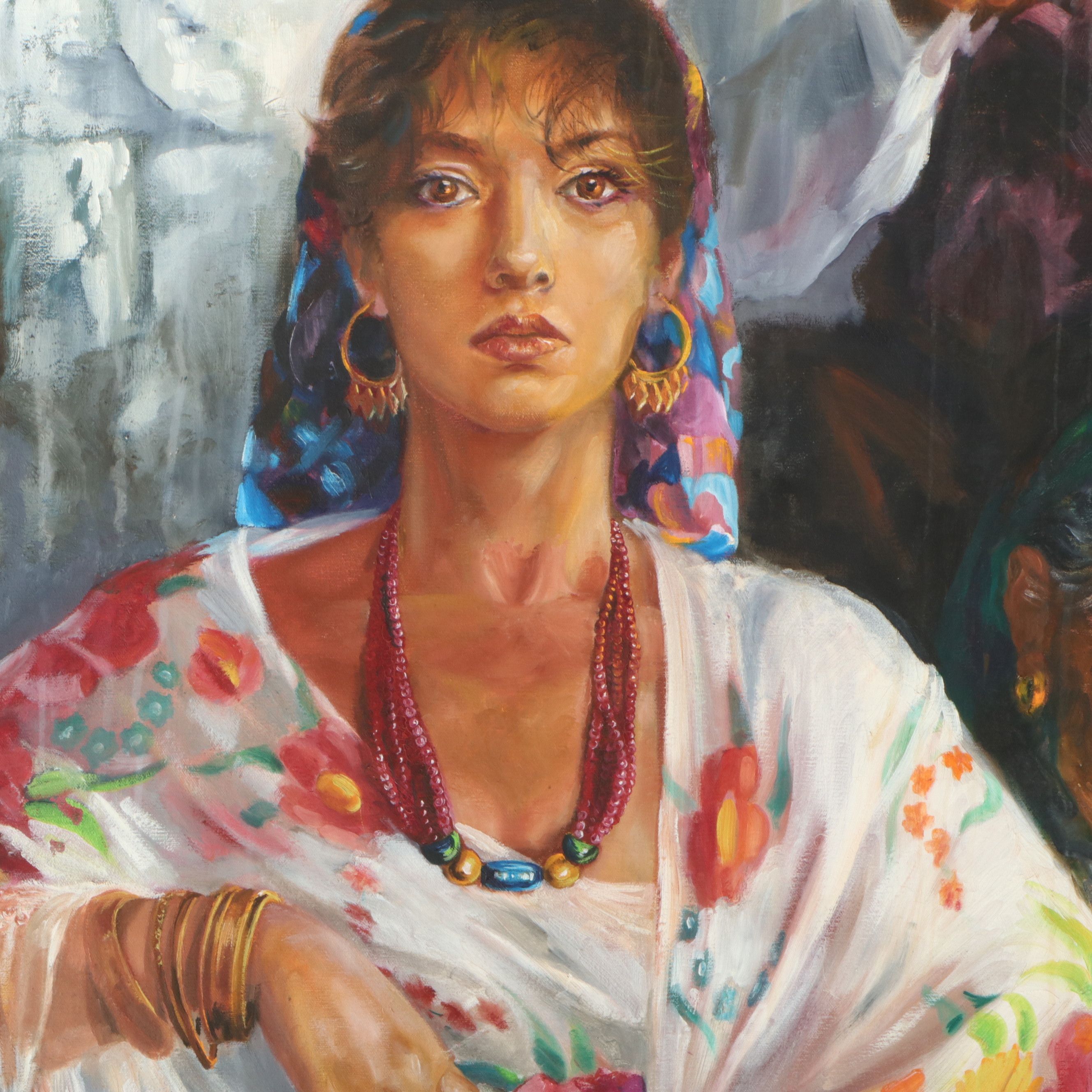 Nataly Nijinski Monumental Oil Painting of Figures by the Fire