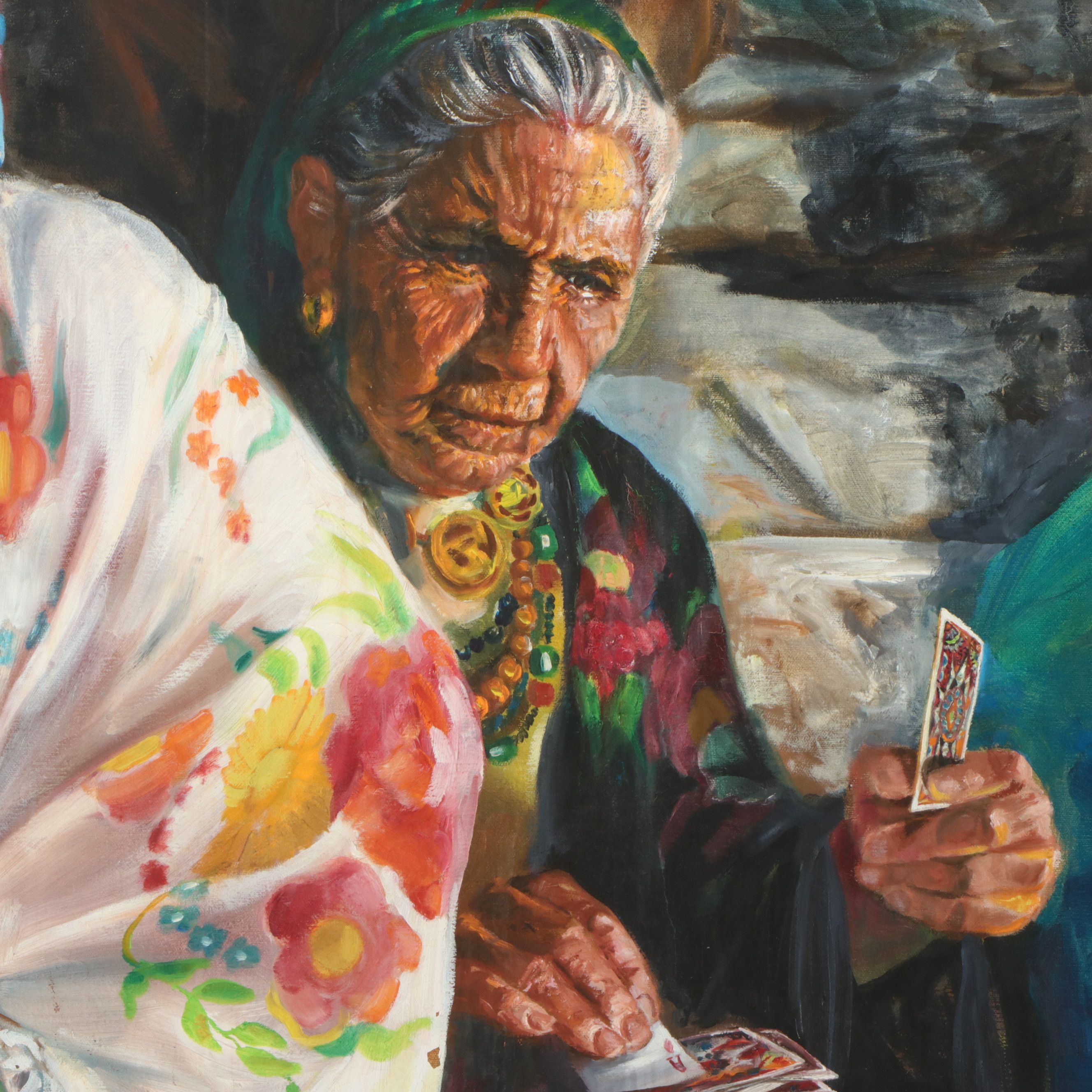 Nataly Nijinski Monumental Oil Painting of Figures by the Fire