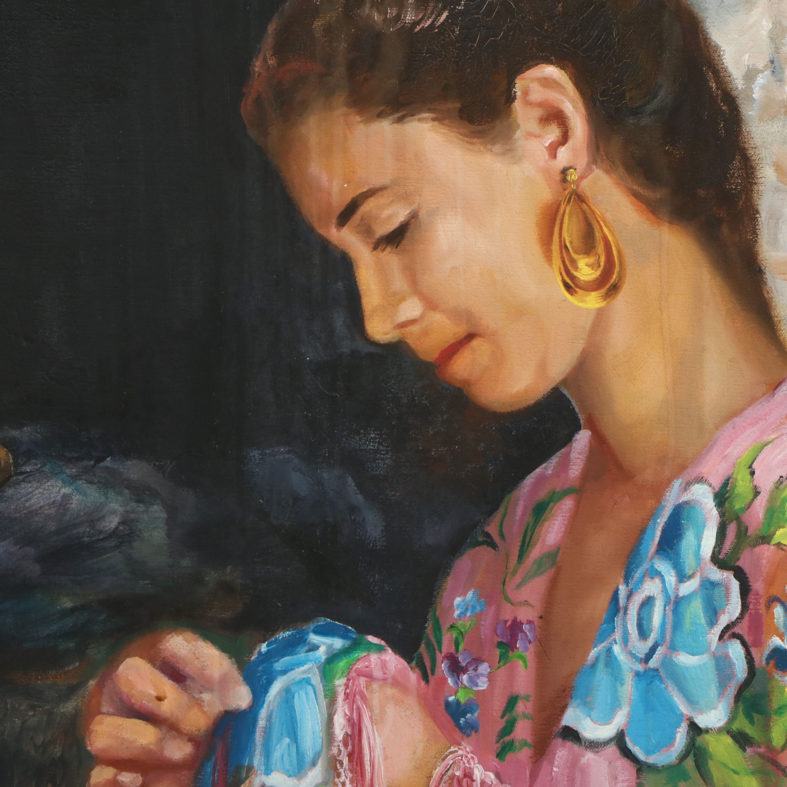 Nataly Nijinski Monumental Oil Painting of Figures by the Fire