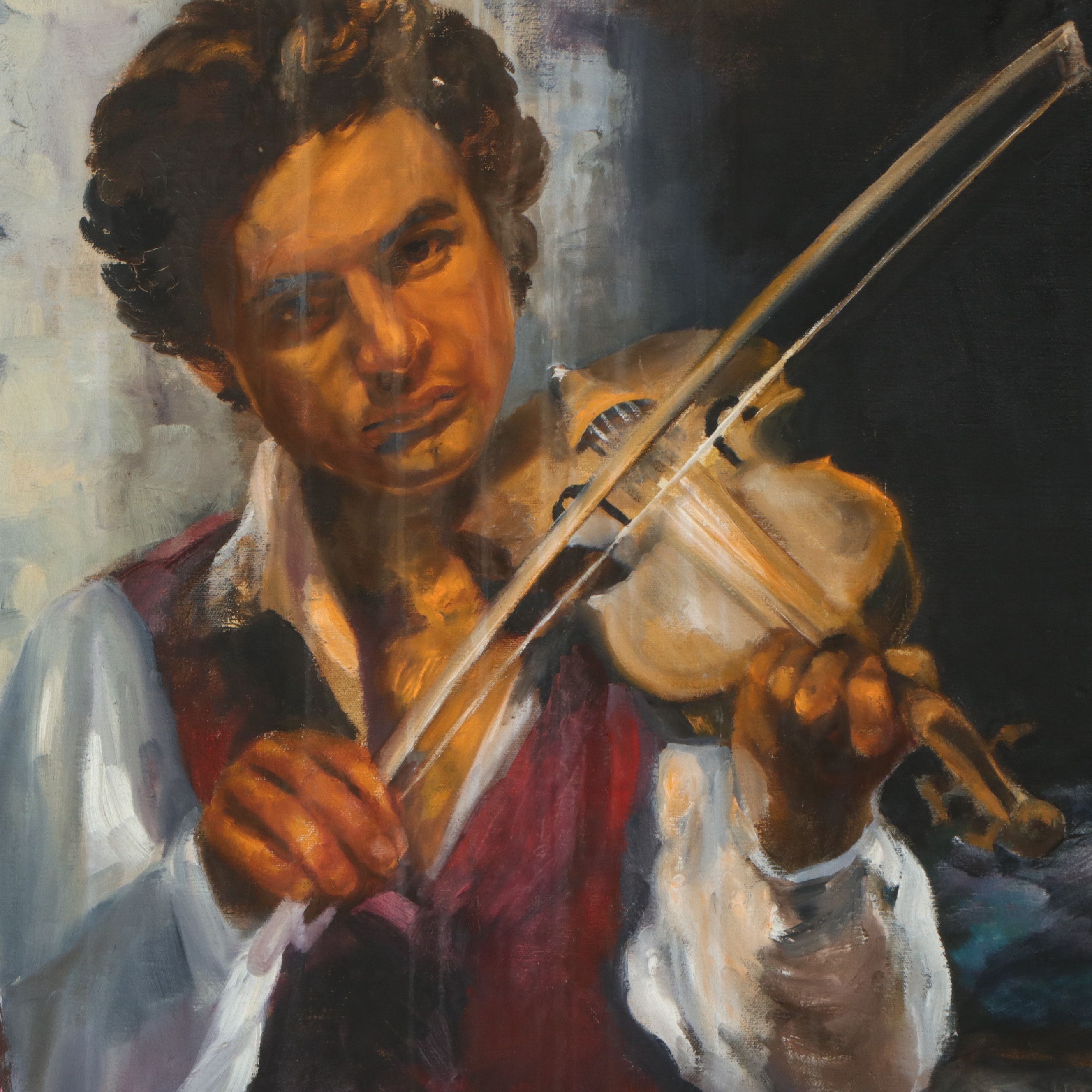 Nataly Nijinski Monumental Oil Painting of Figures by the Fire