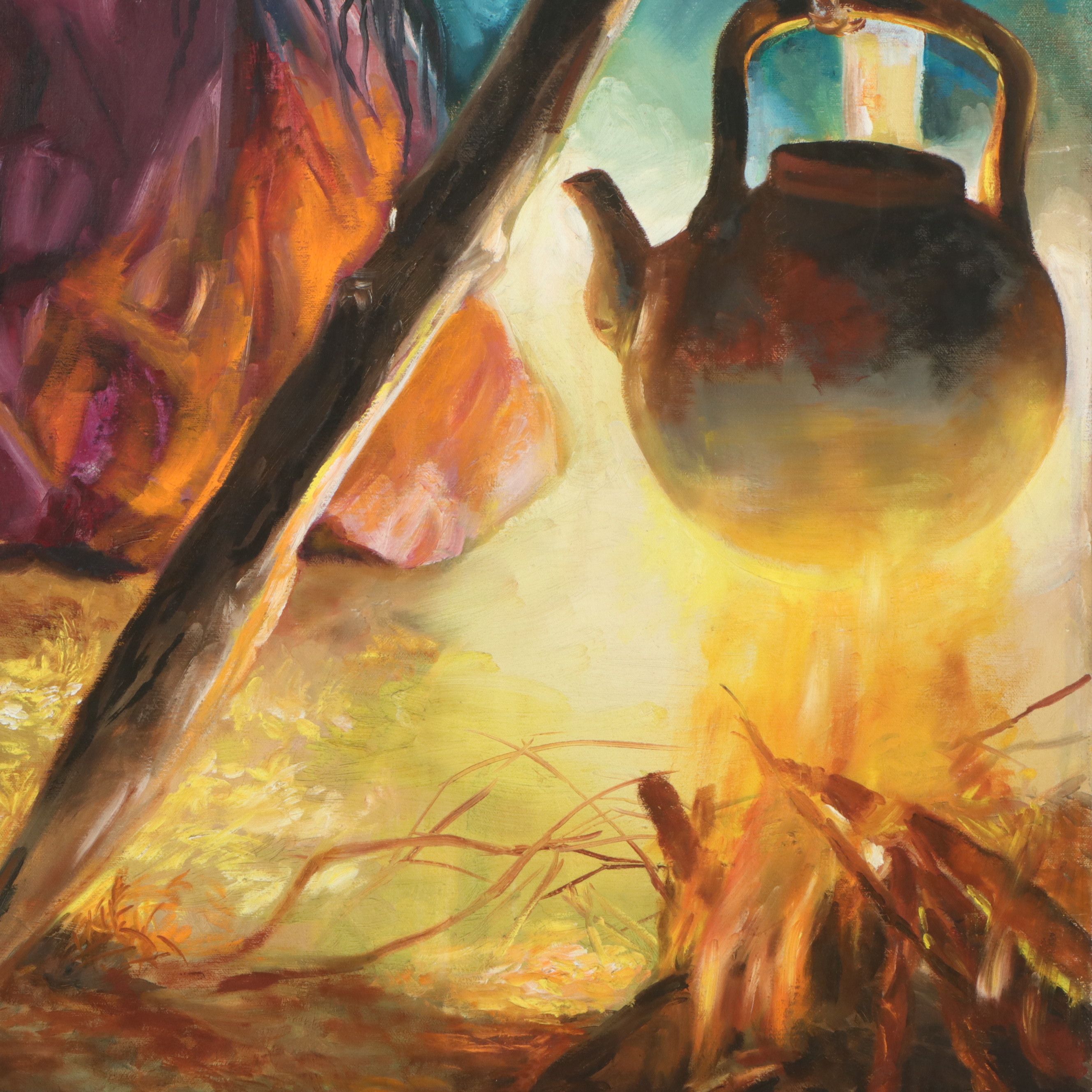 Nataly Nijinski Monumental Oil Painting of Figures by the Fire