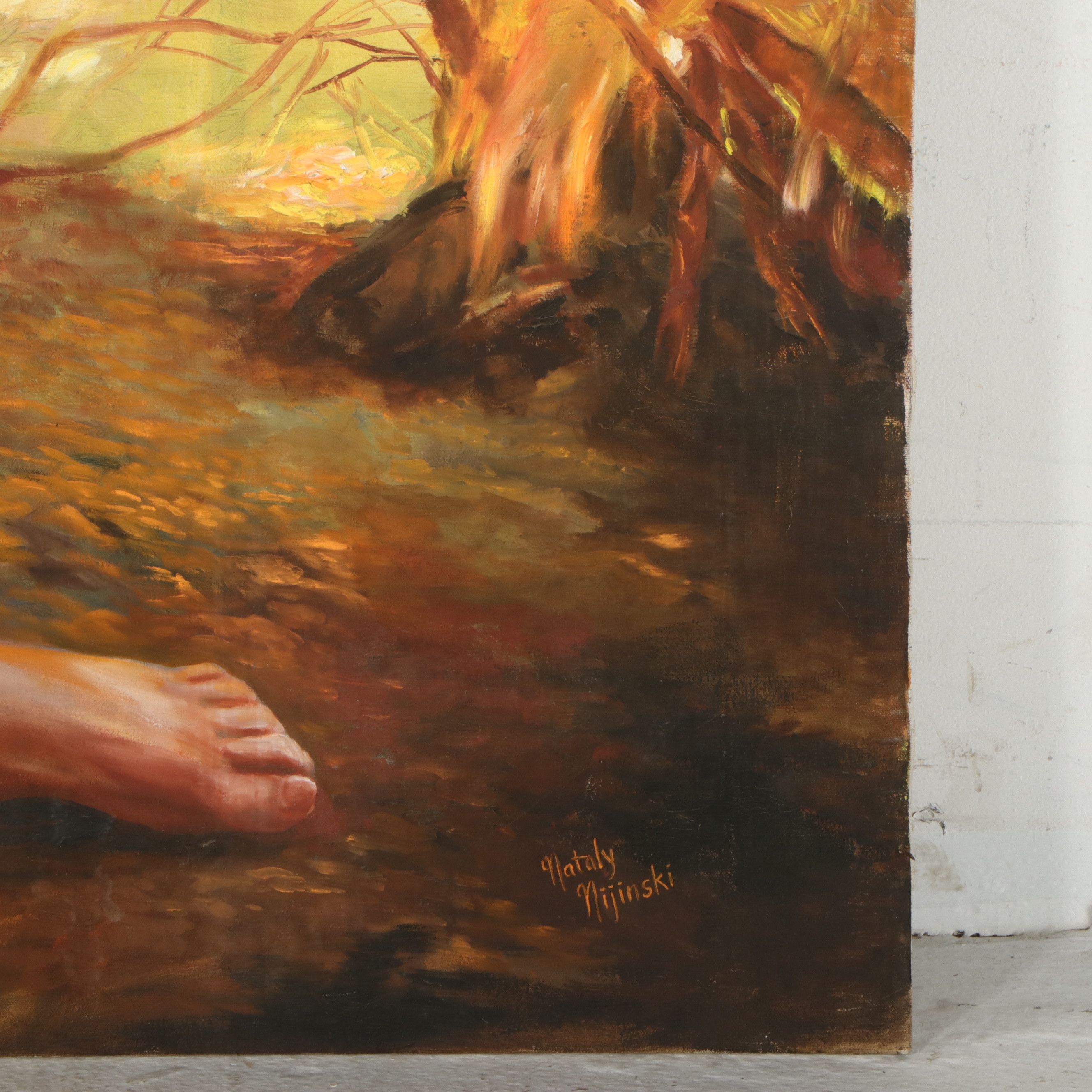 Nataly Nijinski Monumental Oil Painting of Figures by the Fire