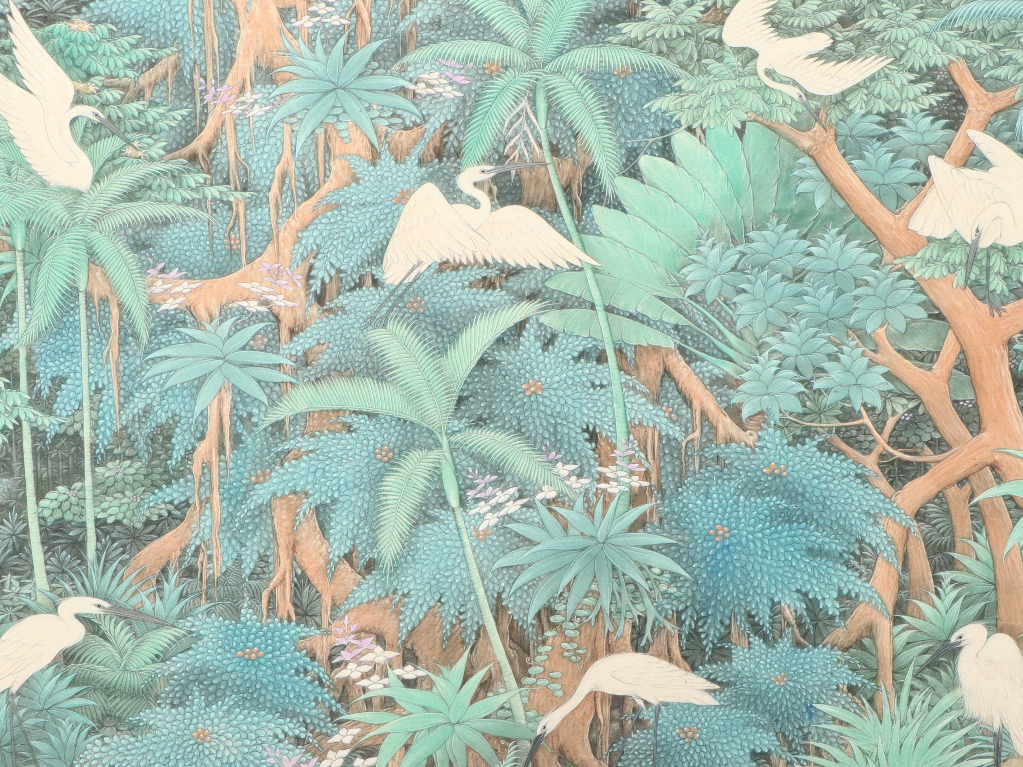 Southeast Asian School Large-Scale Watercolor Painting of Foliage and Cranes