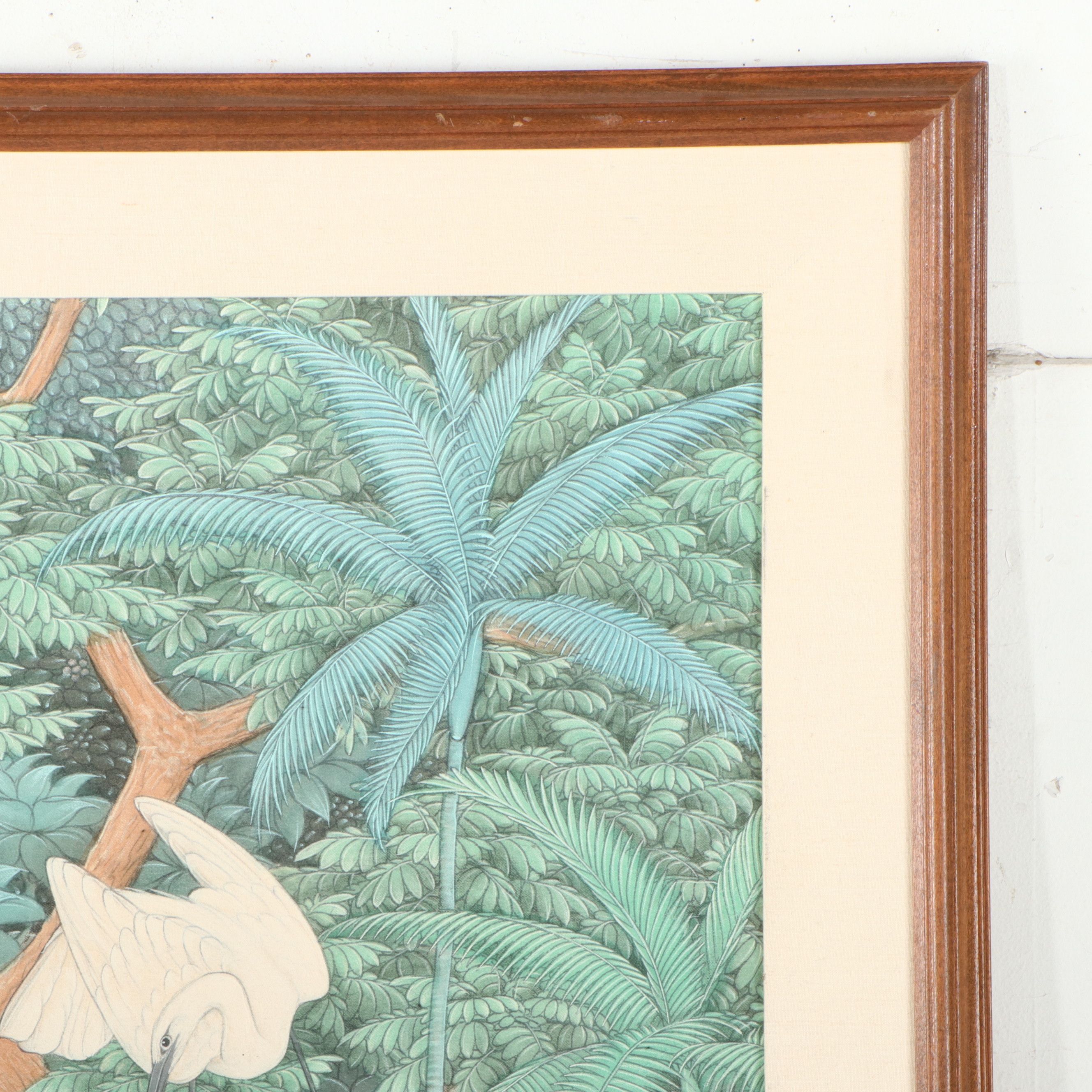 Southeast Asian School Large-Scale Watercolor Painting of Foliage and Cranes