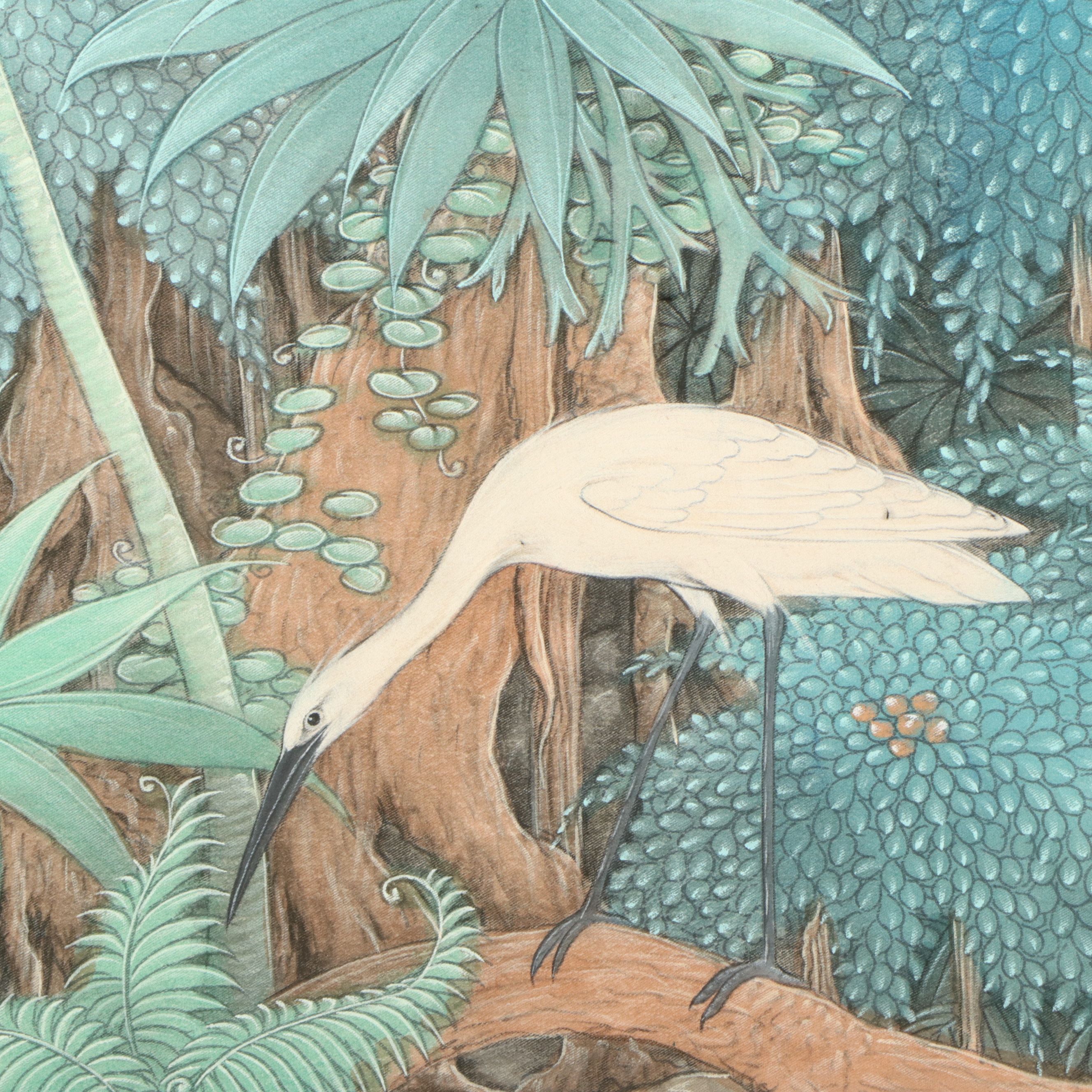 Southeast Asian School Large-Scale Watercolor Painting of Foliage and Cranes