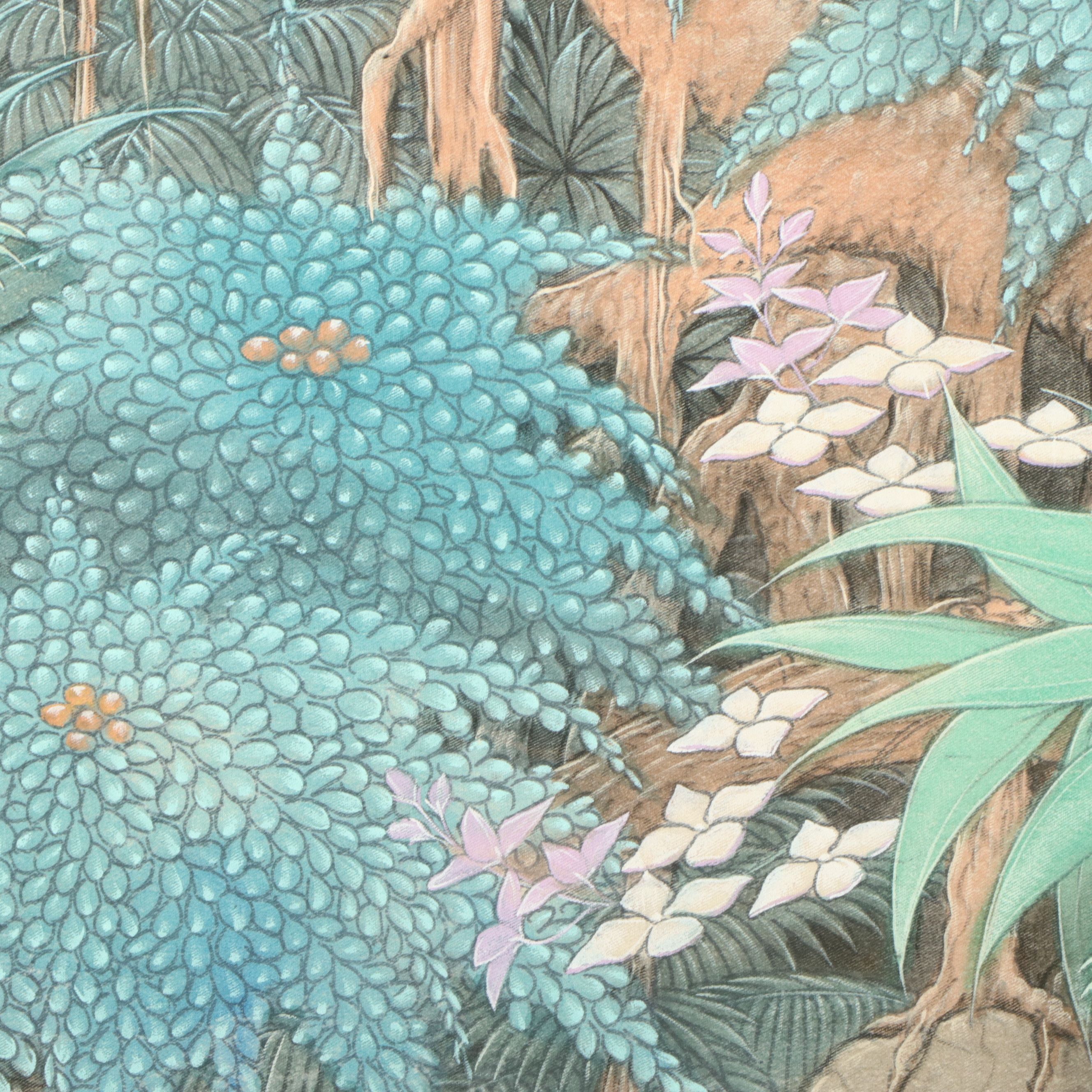 Southeast Asian School Large-Scale Watercolor Painting of Foliage and Cranes