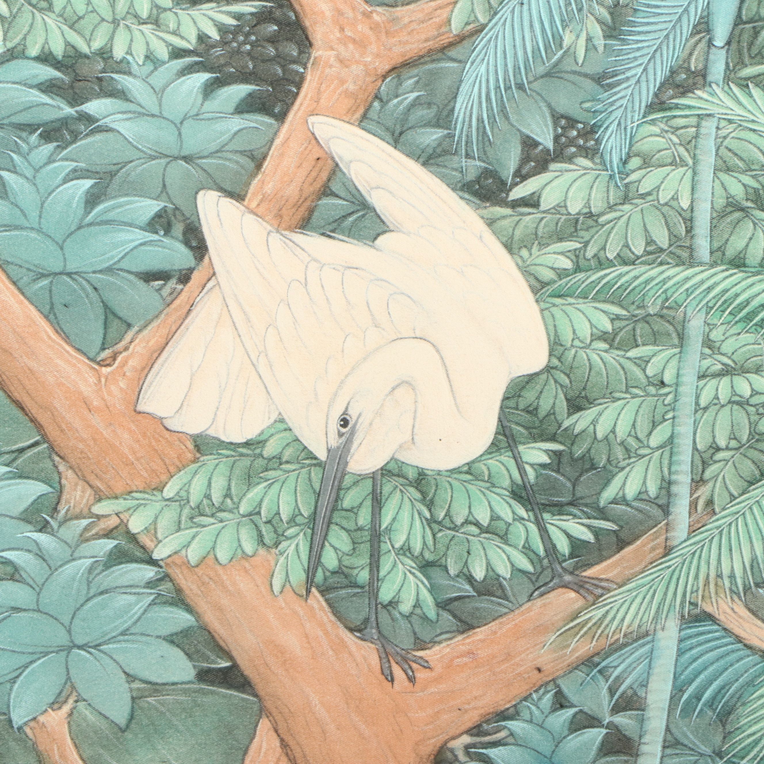 Southeast Asian School Large-Scale Watercolor Painting of Foliage and Cranes