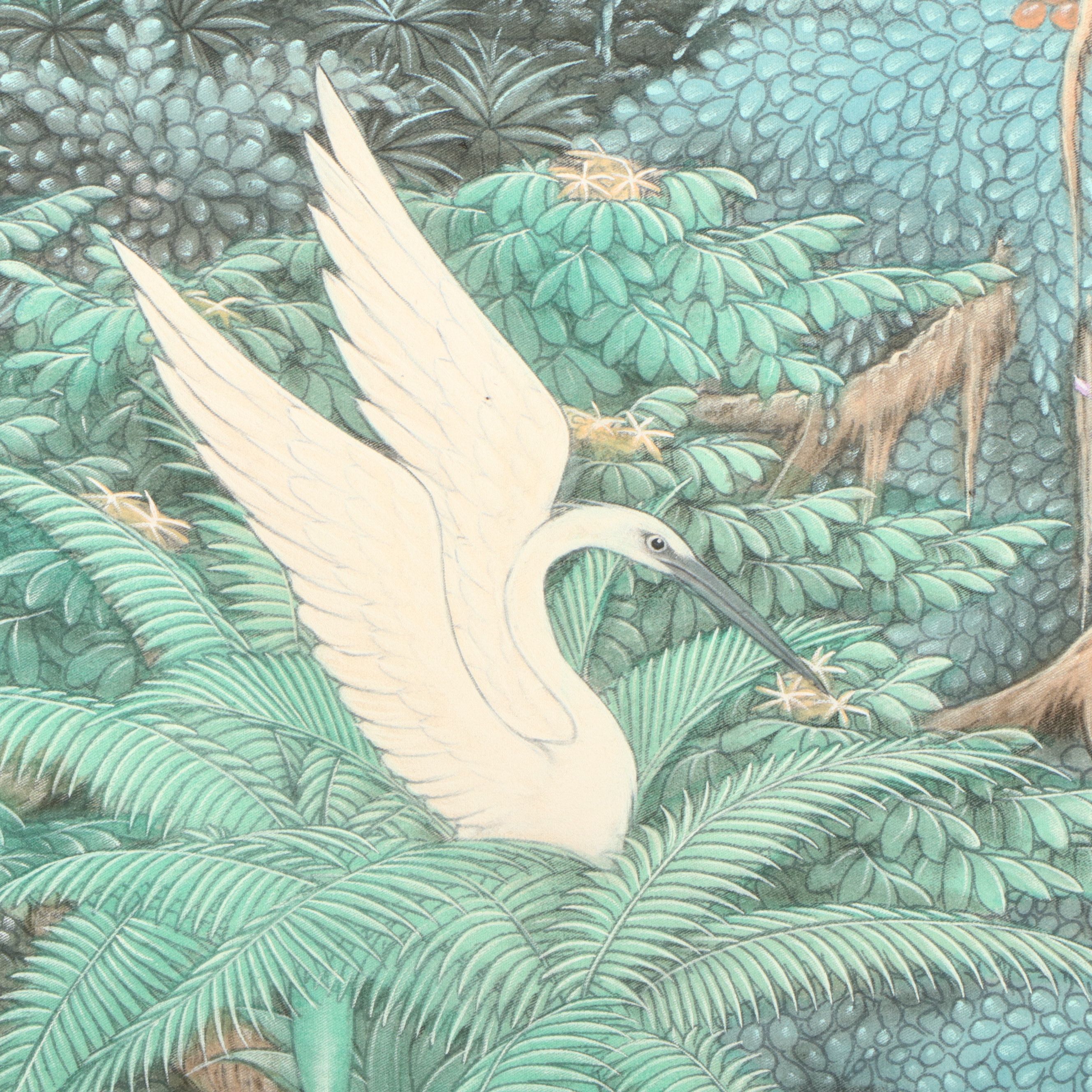 Southeast Asian School Large-Scale Watercolor Painting of Foliage and Cranes