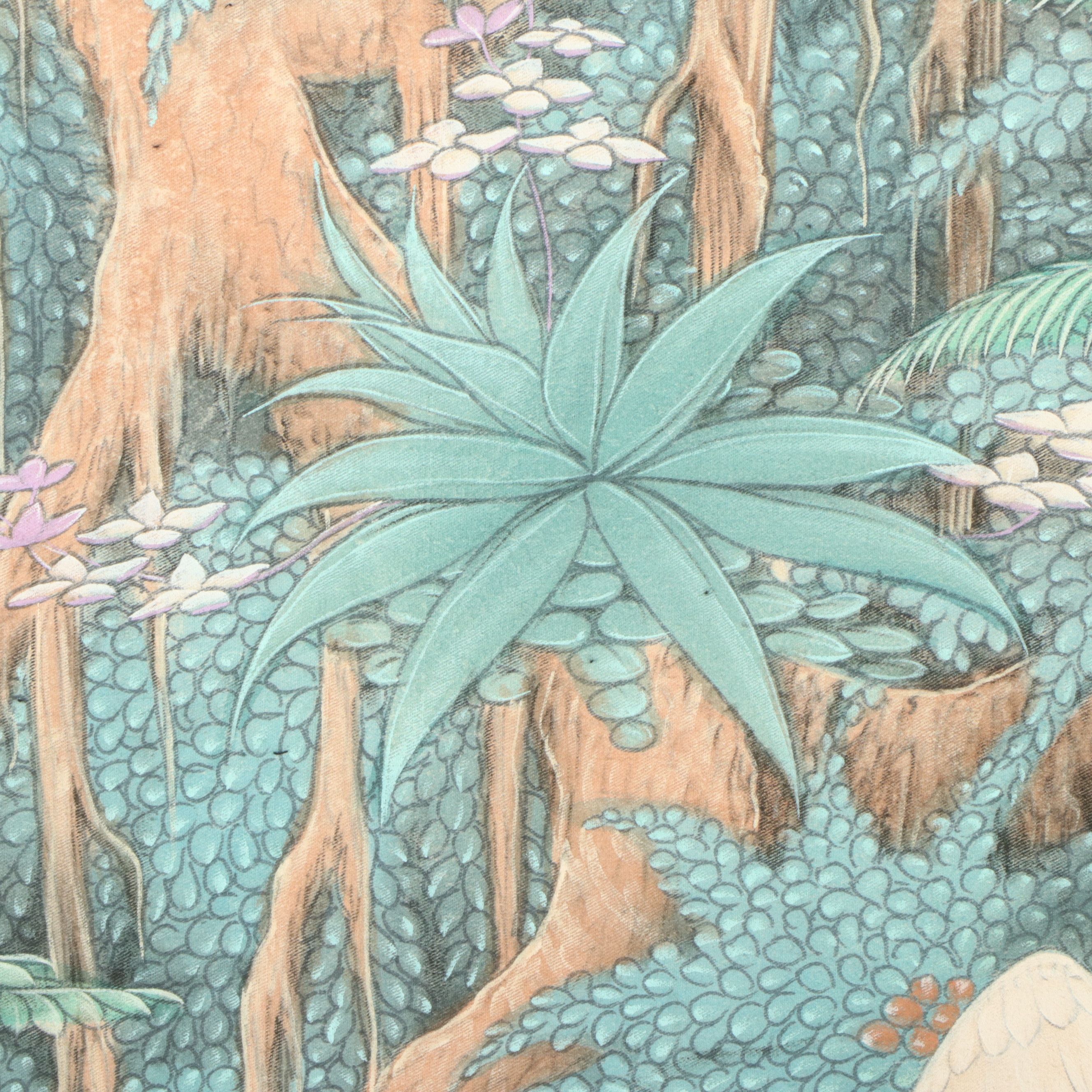 Southeast Asian School Large-Scale Watercolor Painting of Foliage and Cranes