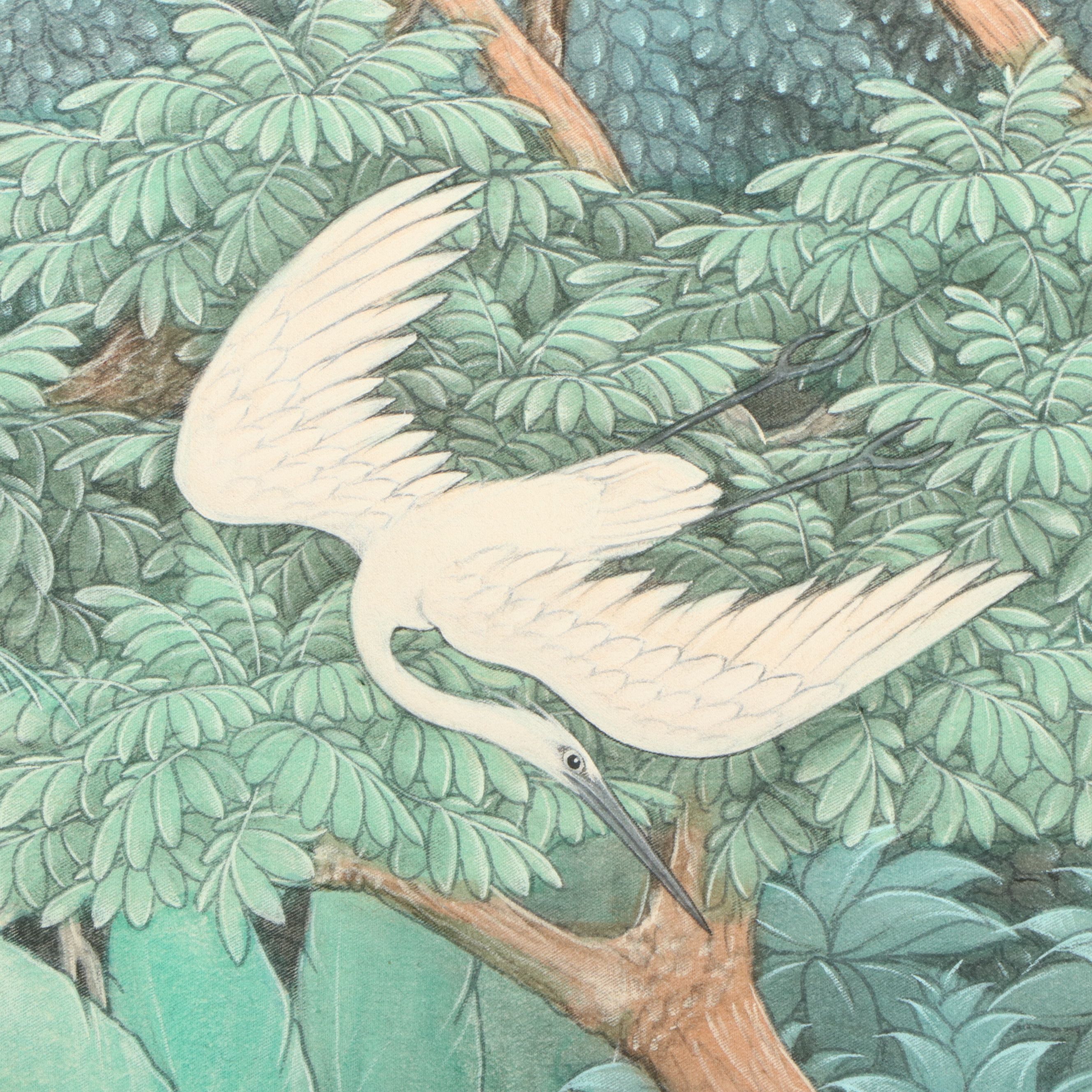 Southeast Asian School Large-Scale Watercolor Painting of Foliage and Cranes
