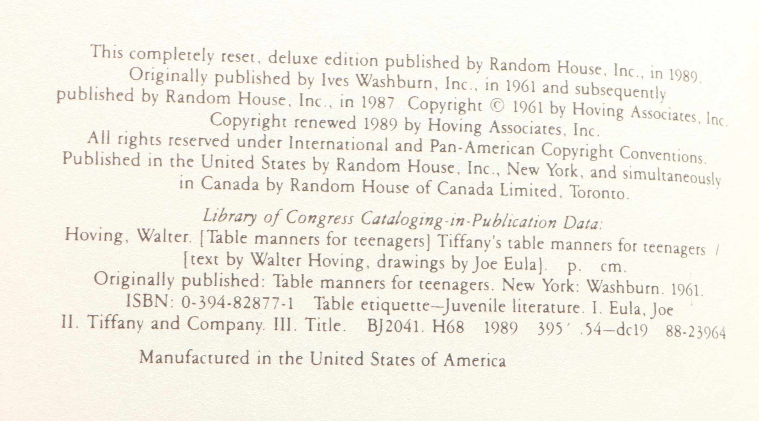 50th Anniversary Edition "Tiffany's Table Manners for Teenagers" by W. Hoving