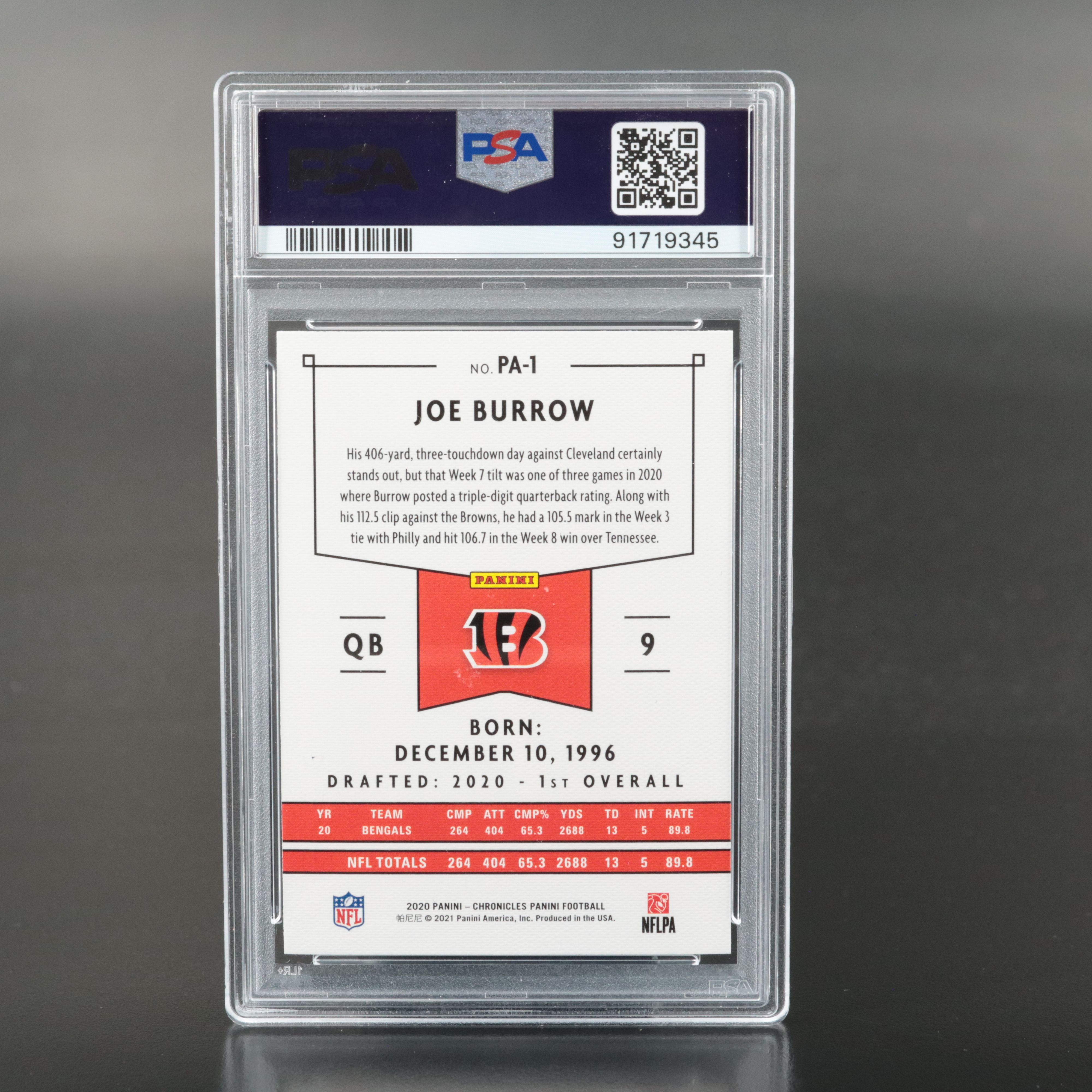 2020 Chronicles Joe Burrow Panini Pink Rookie Card Graded PSA 10