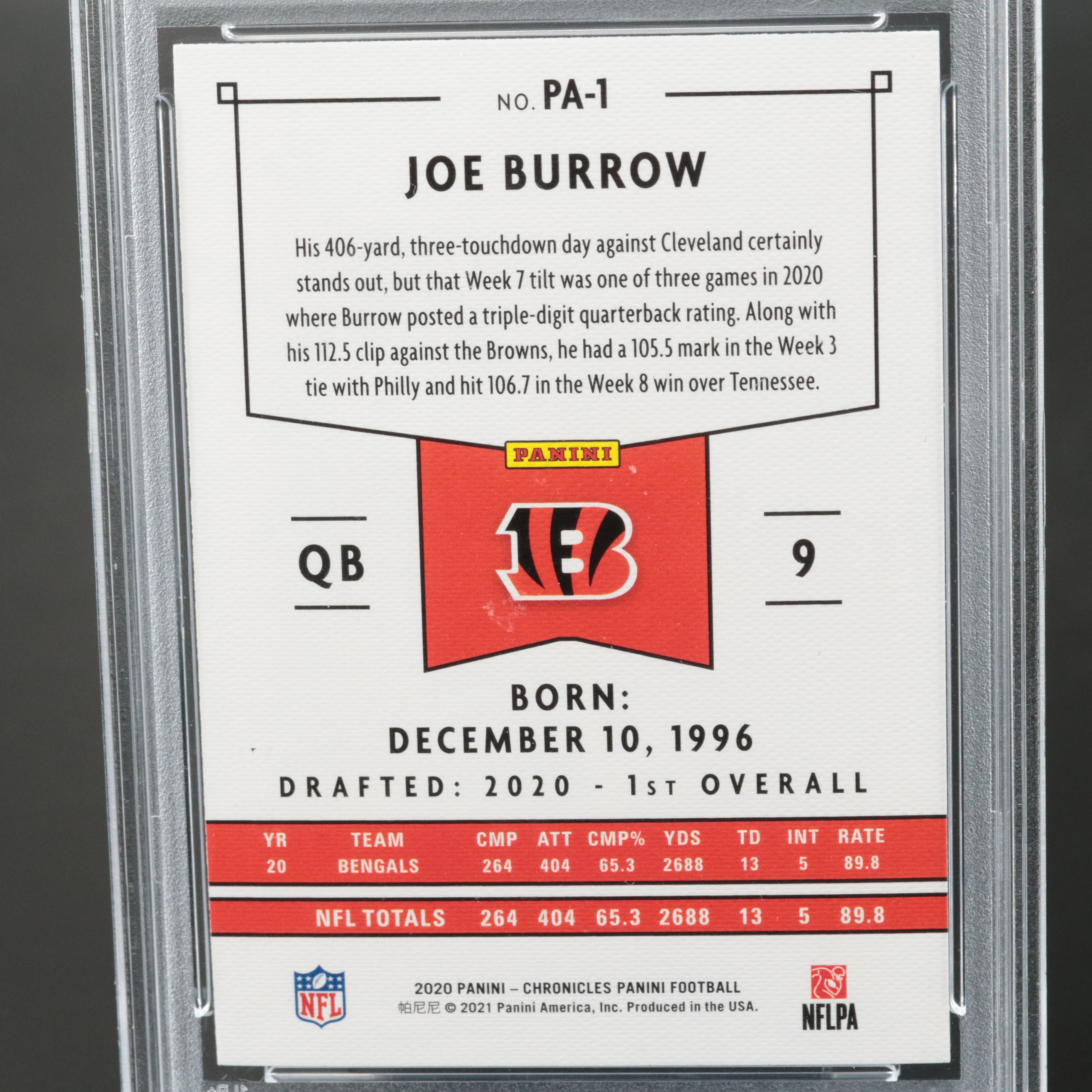 2020 Chronicles Joe Burrow Panini Pink Rookie Card Graded PSA 10