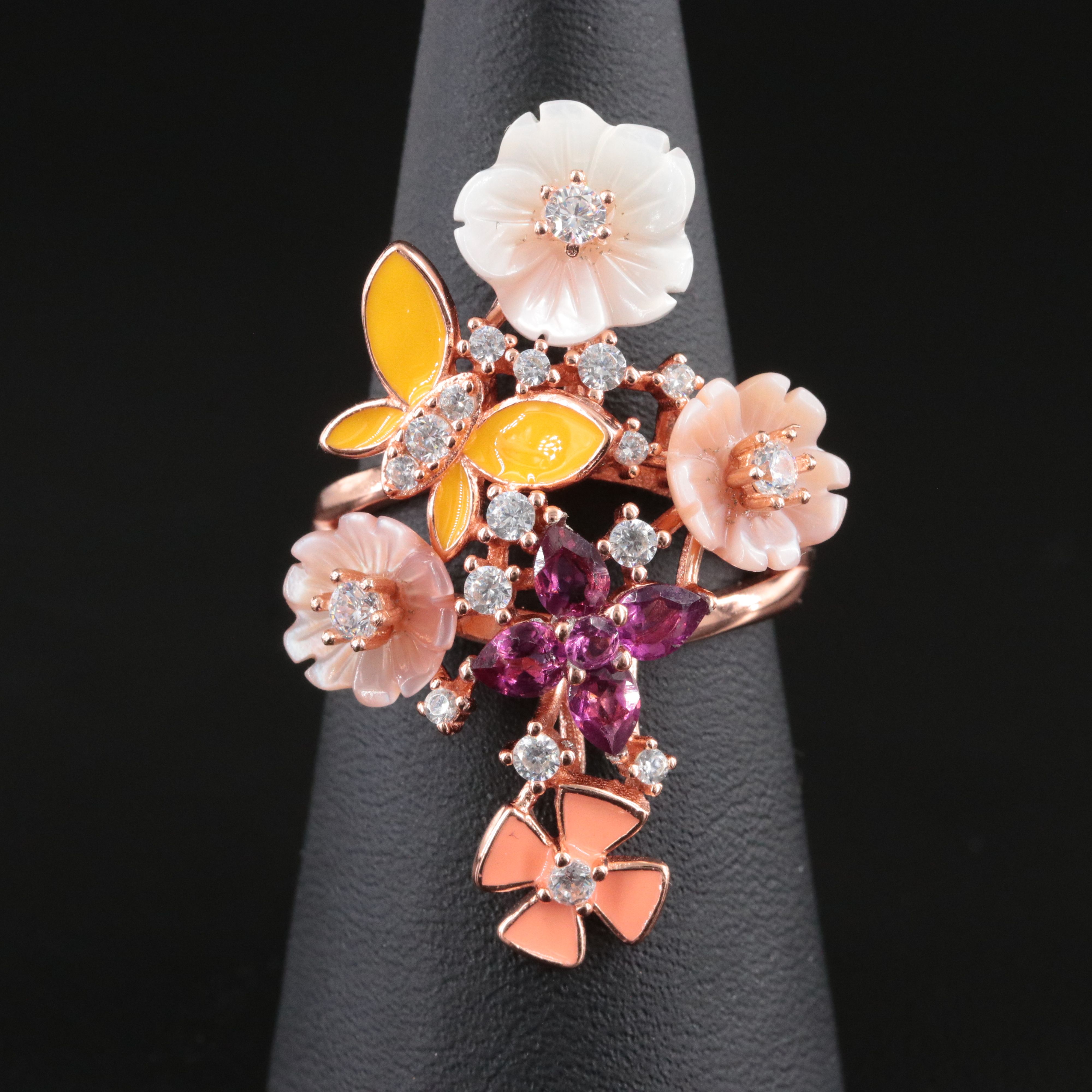 Sterling Flower Ring with Mother-of-Pearl, CZ, and Rhodolite Garnet