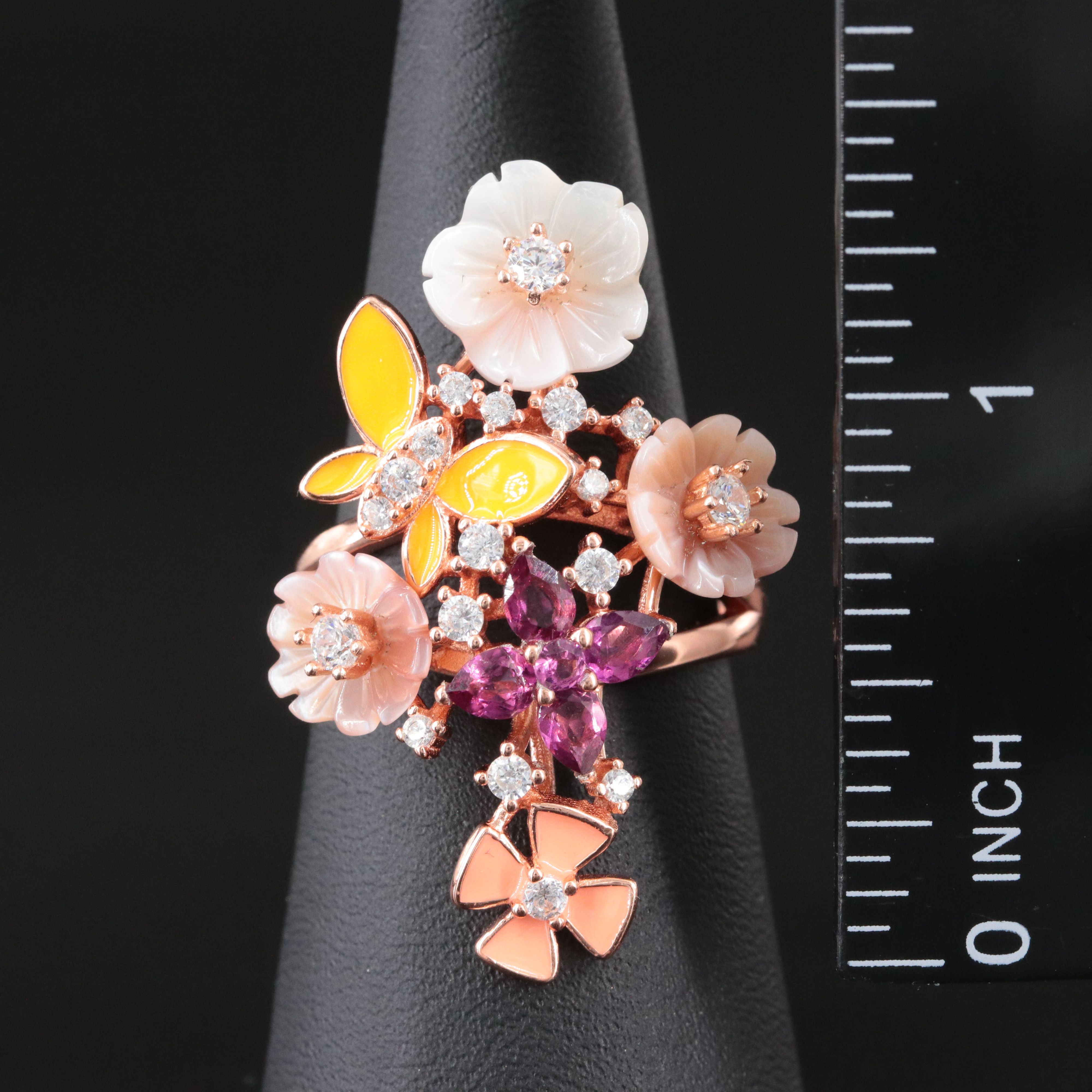 Sterling Flower Ring with Mother-of-Pearl, CZ, and Rhodolite Garnet