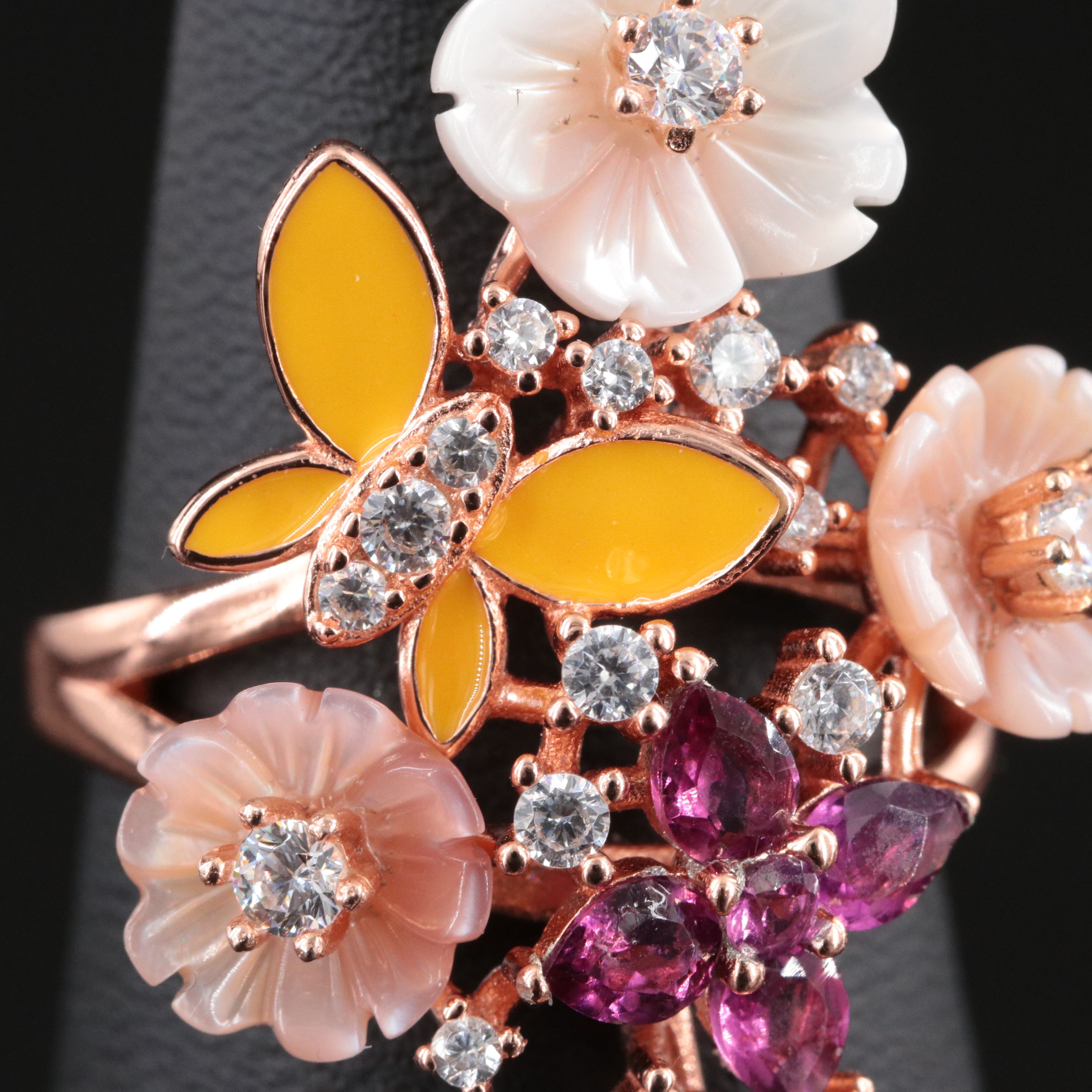 Sterling Flower Ring with Mother-of-Pearl, CZ, and Rhodolite Garnet